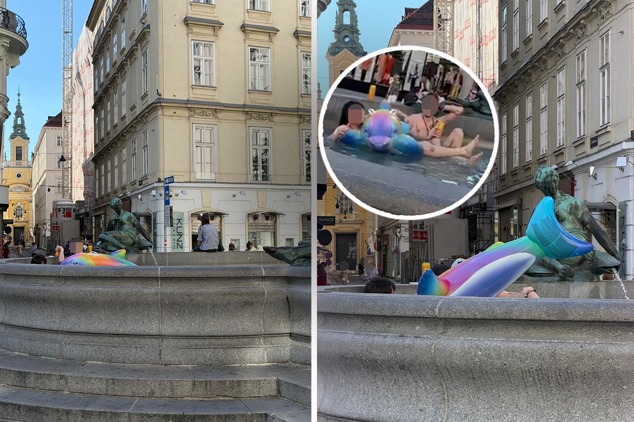 Mit Bier und Gummidelfin kühlten sich zwei Männer in einem Wiener Brunnen ab.