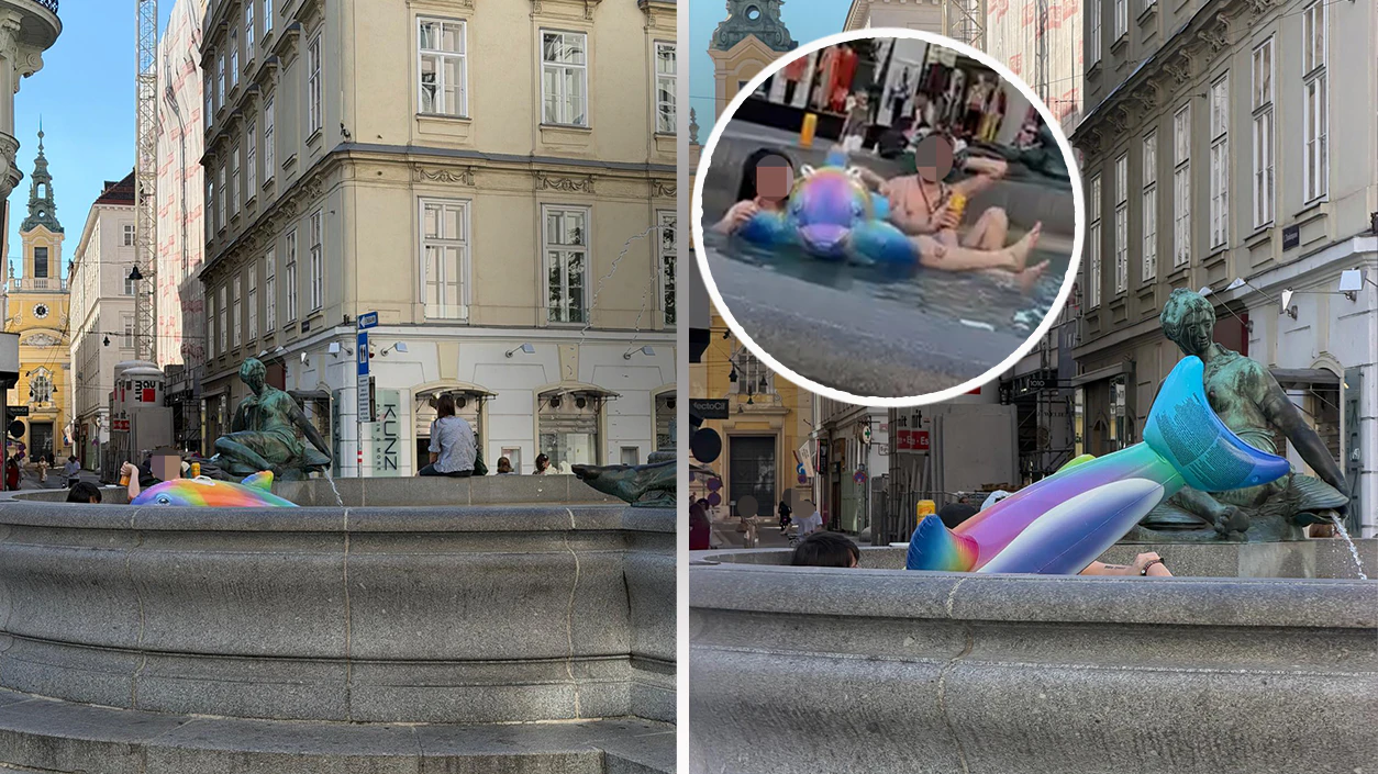 Mit Bier und Gummidelfin kühlten sich zwei Männer in einem Wiener Springbrunnen ab.
