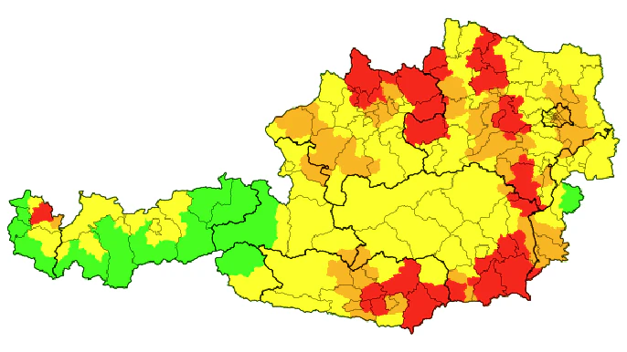 Gewitter und Hagel: Die aktuellen Unwetterwarnungen in Österreich. Stand: 15.45 Uhr
