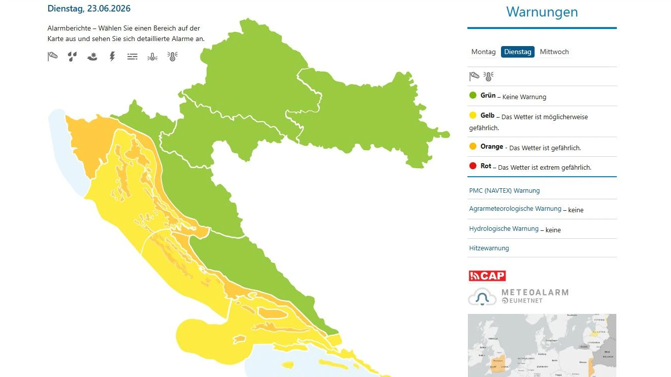 Der staatliche Hydrometeorologische Dienst (DHMZ) hat weite Landesteile mit einer orangefarbenen Warnstufe belegt.