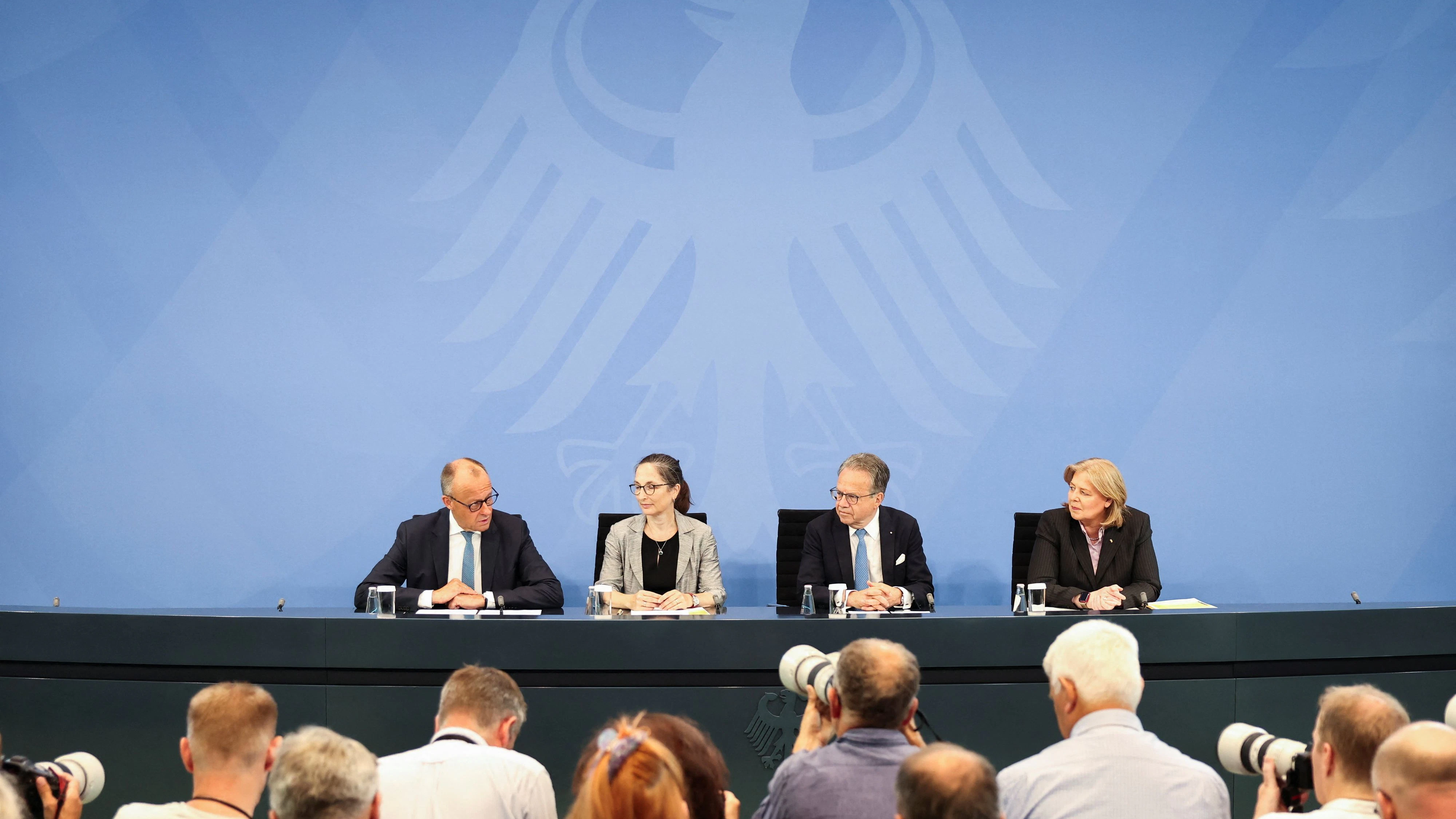 German Chancellor Friedrich Merz, Labour Minister Baerbel Bas, Constanze Janda, and Frank-Jurgen Weise present the  Pension Security Commission (Alterssicherungskommission) report, at the Chancellery in Berlin, Germany, June 23, 2026. REUTERS/Nadja Wohlleben