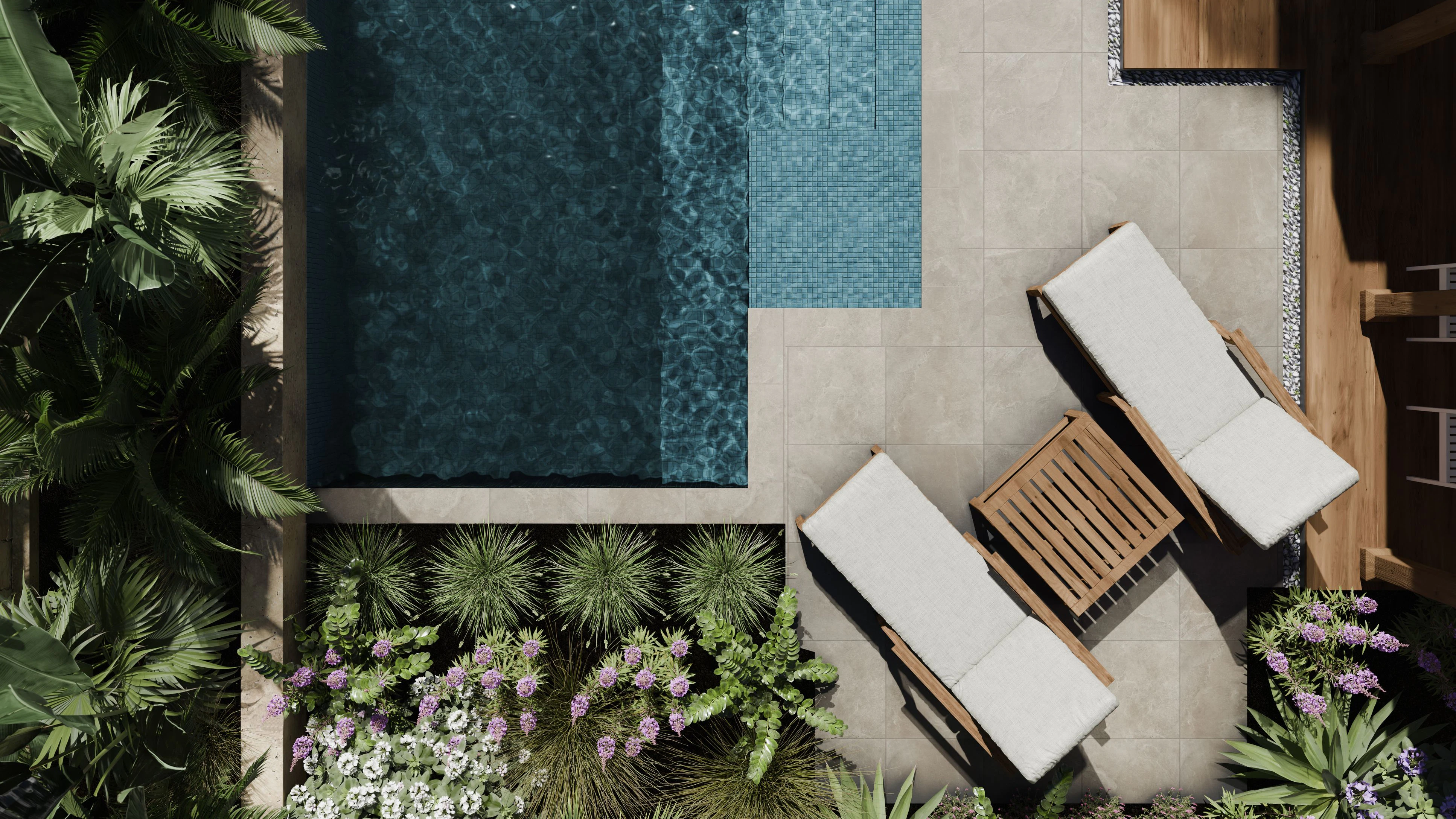 Aerial view of luxury swimming pool design and garden landscaping. Modern beach house architecture with tropical palms and trendy aesthetic materials natural stones and concrete tiles. Top view. Private hotel villa resort rental concept. 3d render
