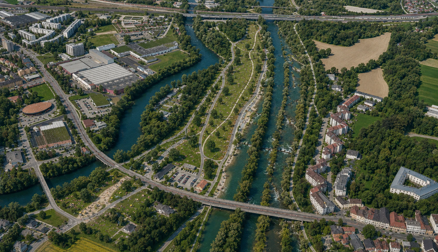 So sieht ein von "Heute" KI-generiertes Bild der geplanten Trauninsel im Süden aus.