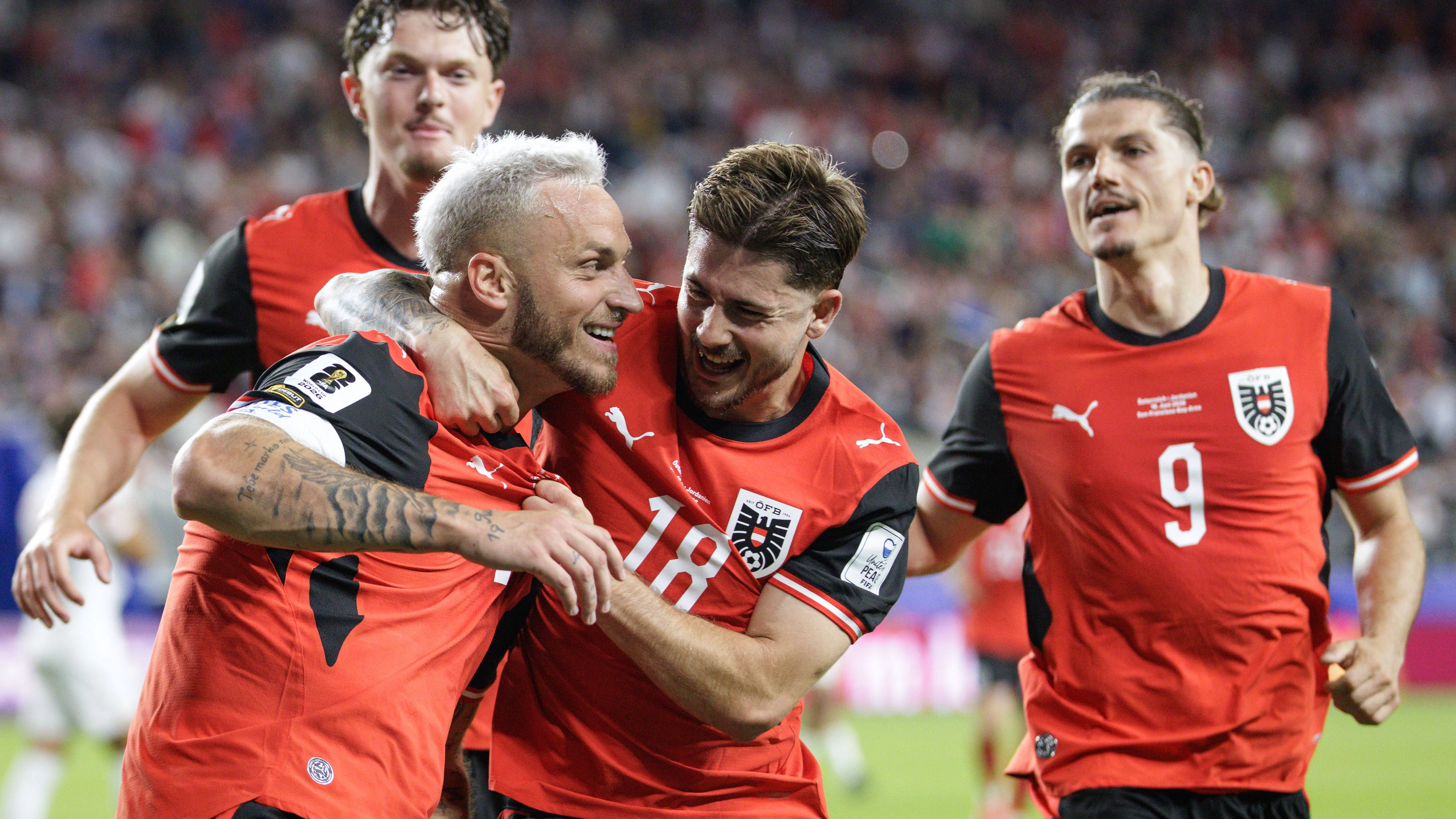 SANTA CLARA,CALIFORNIA,USA,17.JUN.26 - SOCCER - FIFA World Cup 2026, group stage, Austria vs Jordan. Image shows the rejoicing of Paul Wanner, Marko Arnautovic, Romano Schmid and Marcel Sabitzer (AUT). Photo: GEPA pictures/ Armin Rauthner