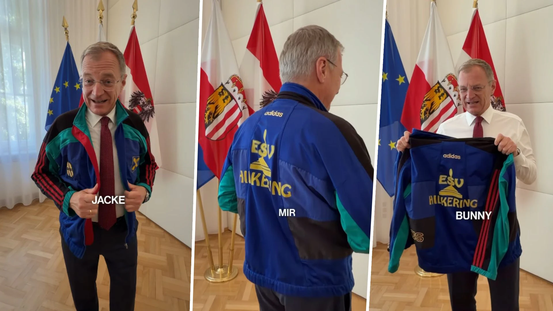 Ziemlich fesch, Herr Landeshauptmann! Stelzer hat sich eine Hilkering-Jacke geschnappt.