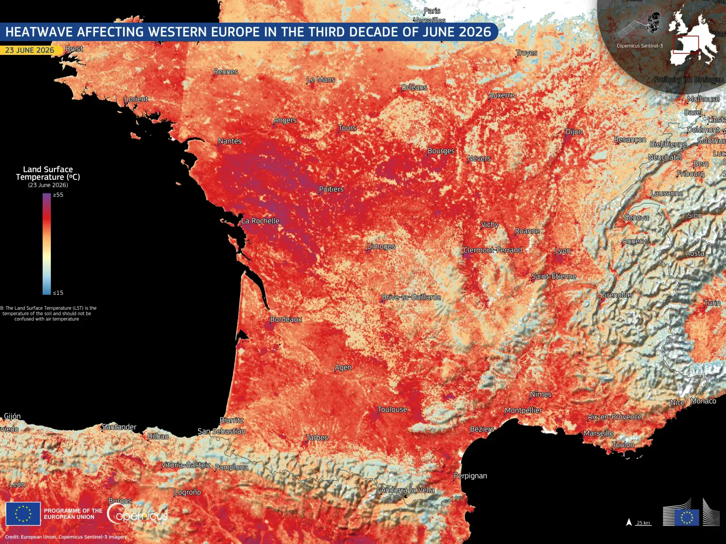 Diese Datenvisualisierung, die auf Daten der Copernicus-Sentinel-3-Satelliten basiert, die am 23. Juni 2026 um 09:54 Uhr UTC erfasst wurden, zeigt die Landoberflächentemperaturen (LST) in Zentral- und Südfrankreich sowie in Nordspanien. Es sind ausgedehnte rote und violette Bereiche zu erkennen, die auf Spitzenwerte von über 50 °C hinweisen. 