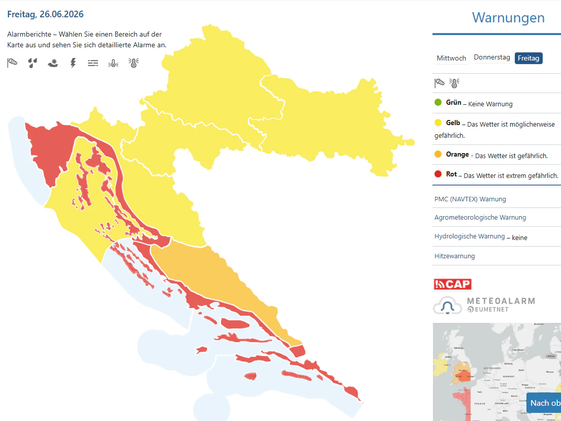 "Das Wetter ist extrem gefährlich": Rote Warnungen entlang der kroatischen Adriaküste am Wochenende.