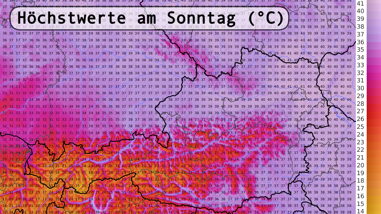 Prognose der Höchstwerte am Sonntag in Österreich