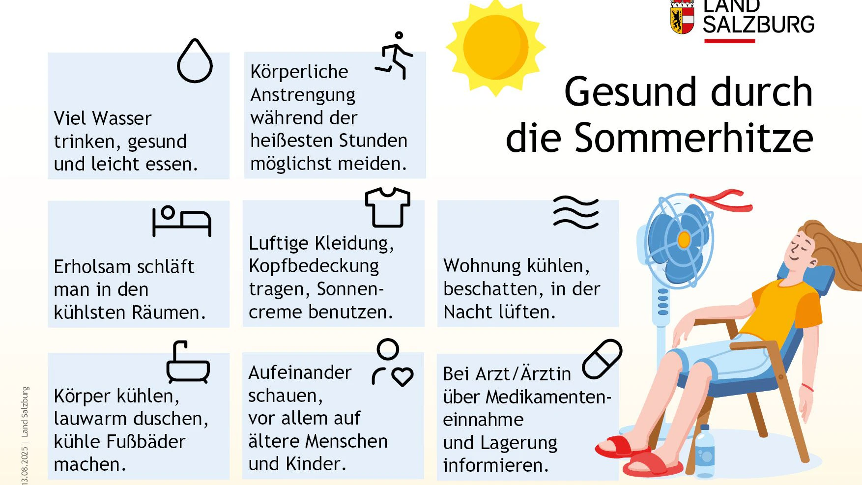 Infografik "Gesund durch die Sommerhitze": Alltagstipps, die leicht umsetzbar sind für heiße Tage.