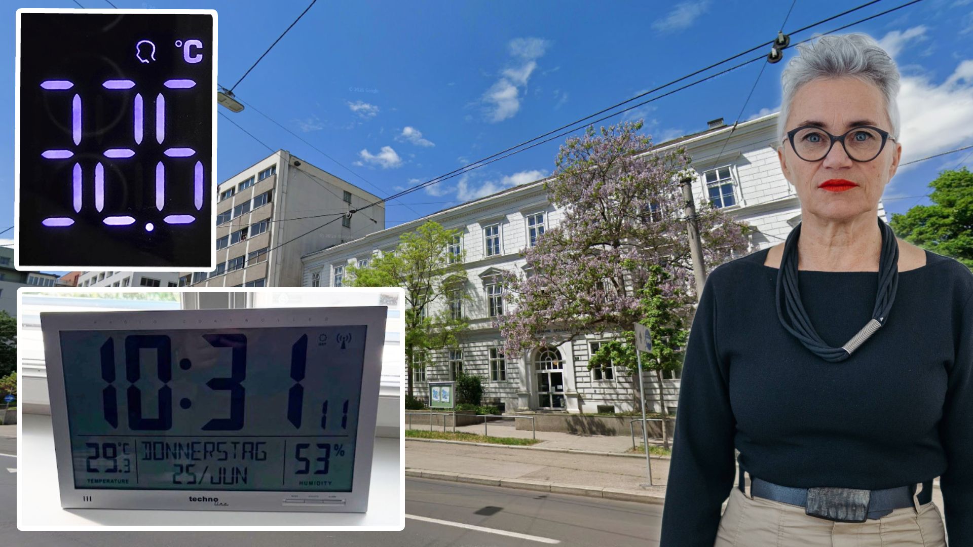 Mehr als 29 Grad hatte es am Donnerstag z.B. in der PTS Urfahr (Thermometer unten). In der Volksschule 47 hatte es kurze Zeit später deutlich mehr als 30 Grad!. Diese extremen Temperaturen wurden SP-Bildungssprecherin Doris Margreiter geschildert.
