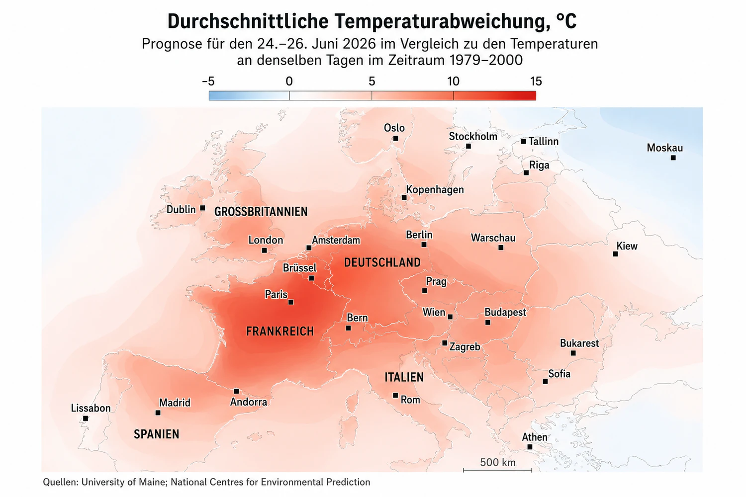 Um so viel heißer – bzw. kälter – ist es in Europa derzeit, verglichen mit den Temperaturen der Jahre 1979 bis 2000, gemessen an denselben Tagen