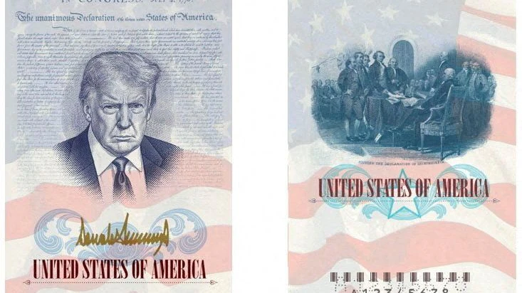 Donald Trump präsentiert einen neuen US-Reisepass mit eigenem Porträt.