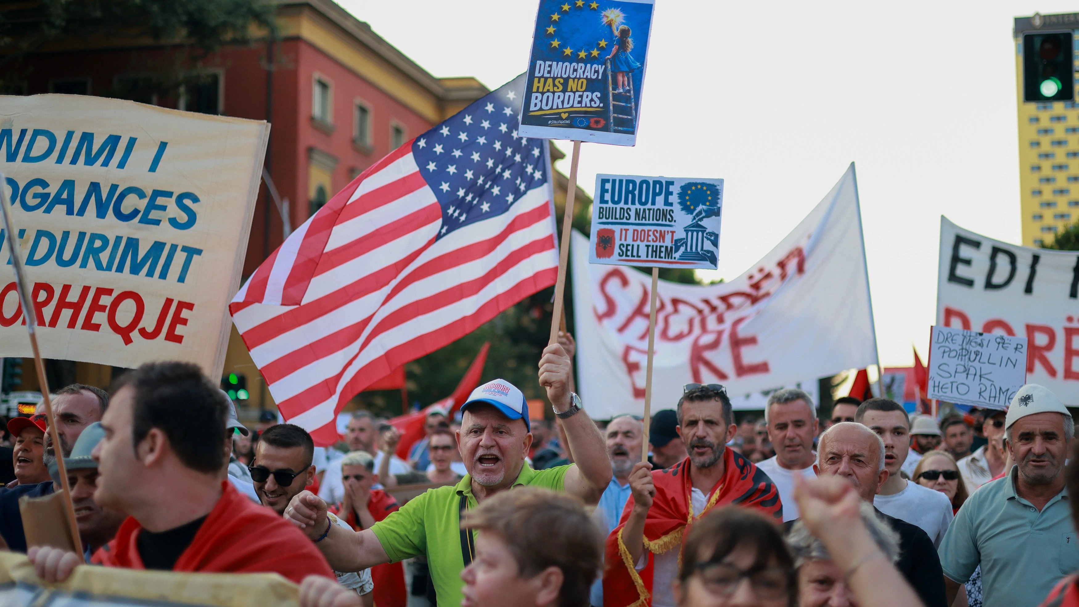 Protesters take part in a rally against a coastal development project in western Albania linked to President Donald Trump's son-in-law Jared Kushner, in Tirana, Albania, Saturday, June 27, 2026. (AP Photo/Hameraldi Agolli)