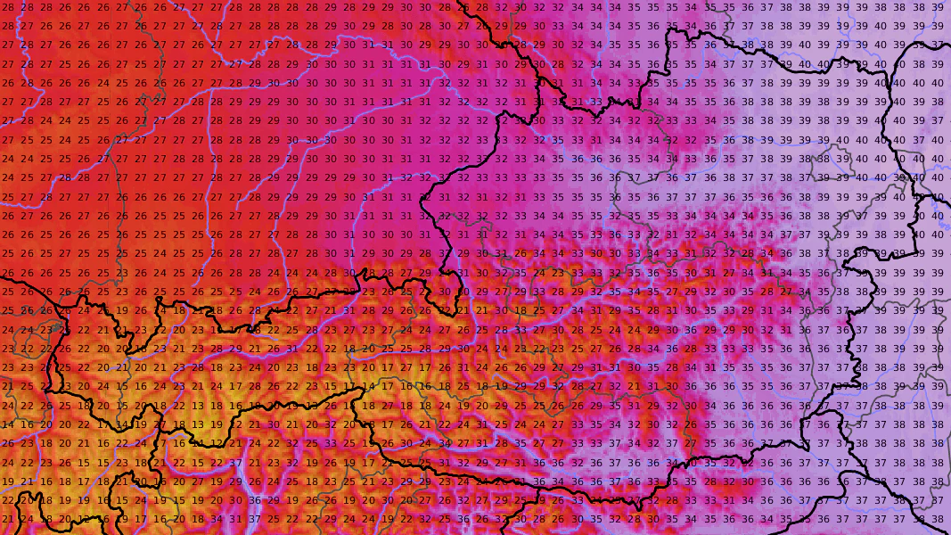 Die prognostizierten Temperatur-Höchstwerte für Montag, 29. Juni 2026. Im Osten geht's heiß her