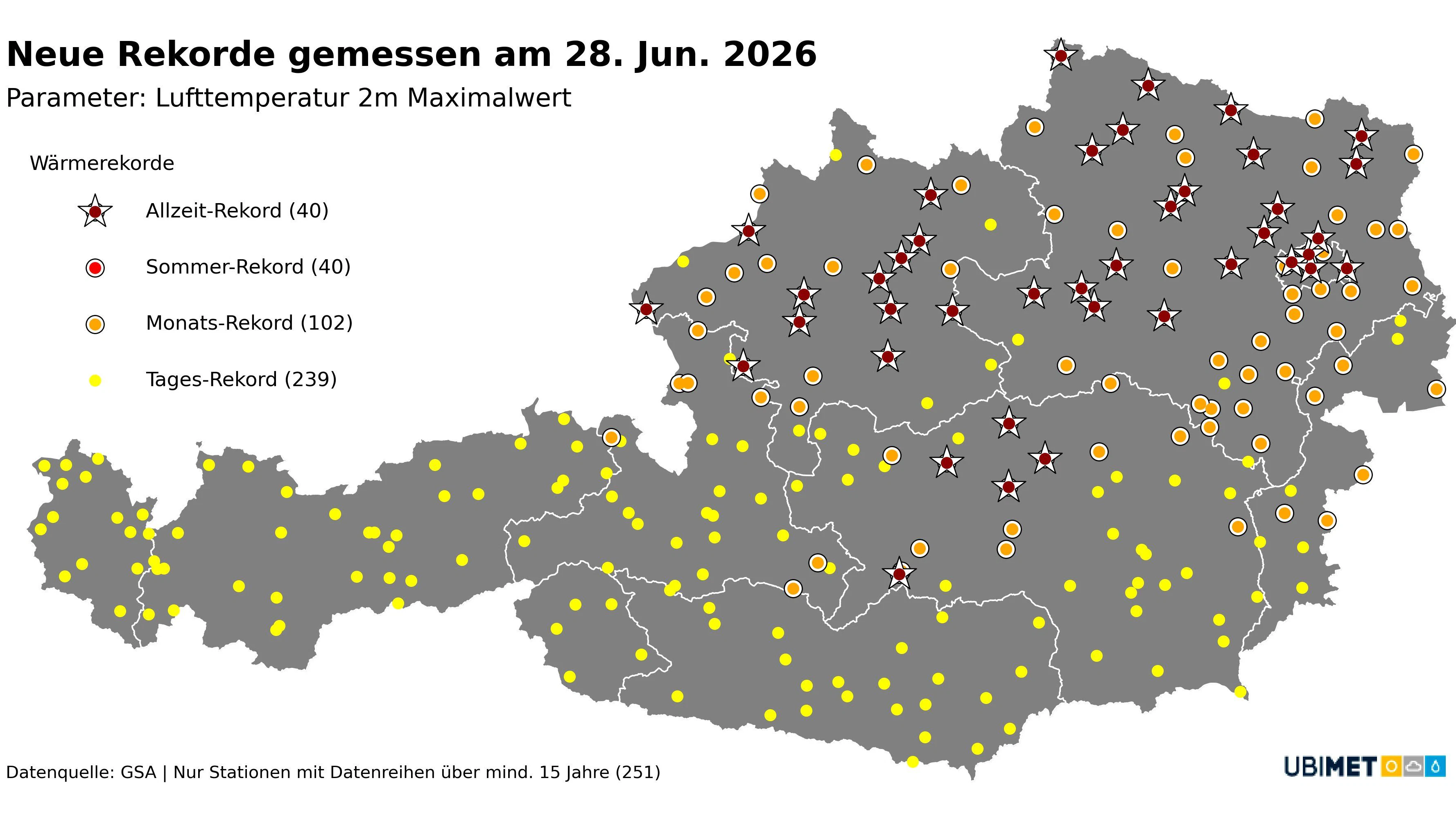 Alle Stationen, die am heutigen Sonntag einen neuen Juni-Rekord (🟠) oder gar einen Allzeit-Rekord (⭐️) aufgestellt haben.