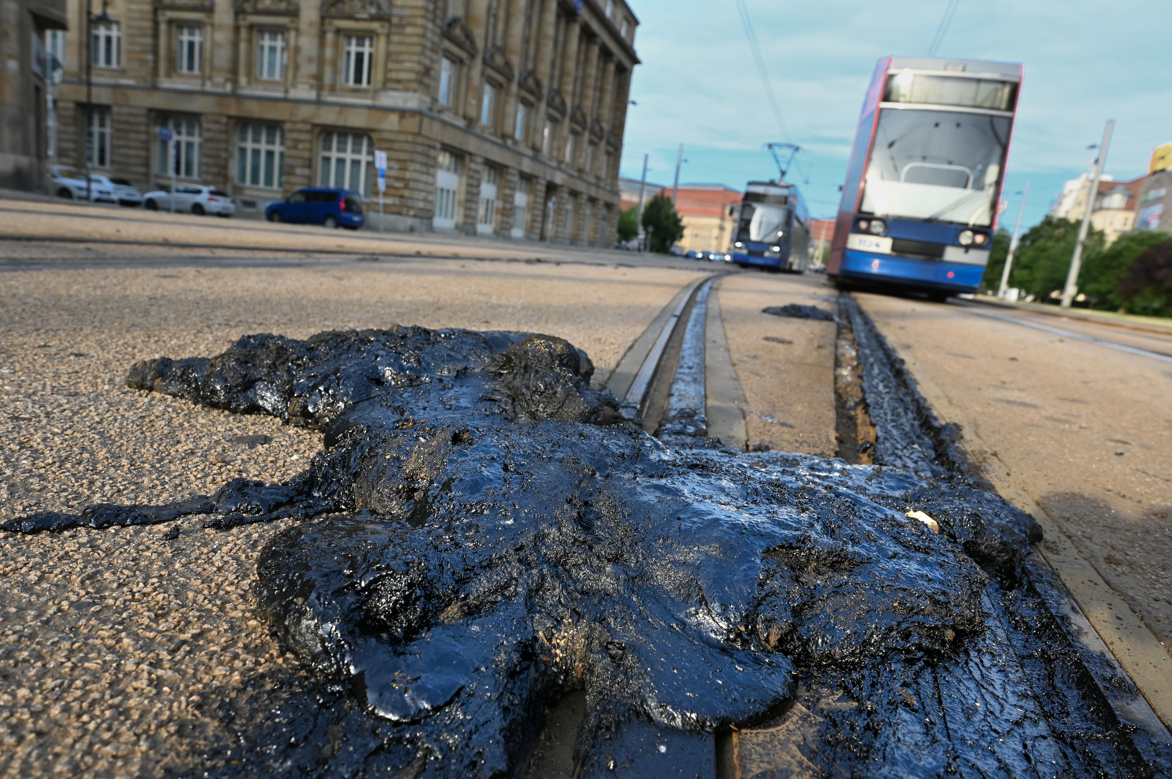 In der enormen Hitze ist vielerorts in Leipzig die Fugenmasse zwischen Gleisen und Straßenbelag geschmolzen