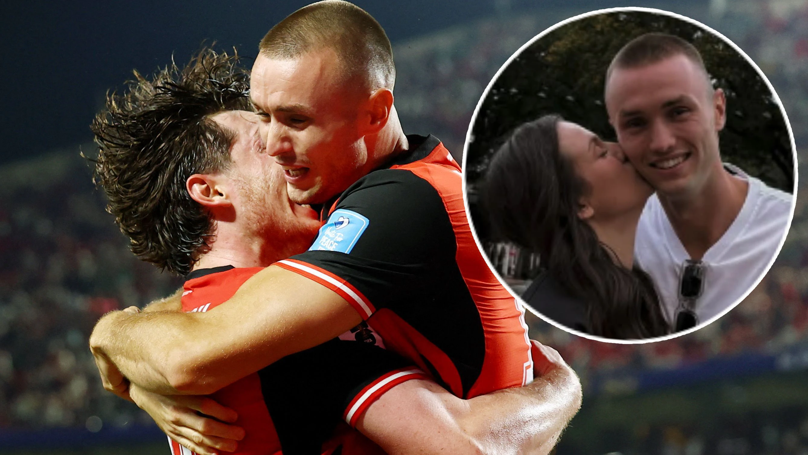 Sasa Kalajdzic wird von Ehefrau Lorena Grabovac geherzt (und links von Michael Gregoritsch).