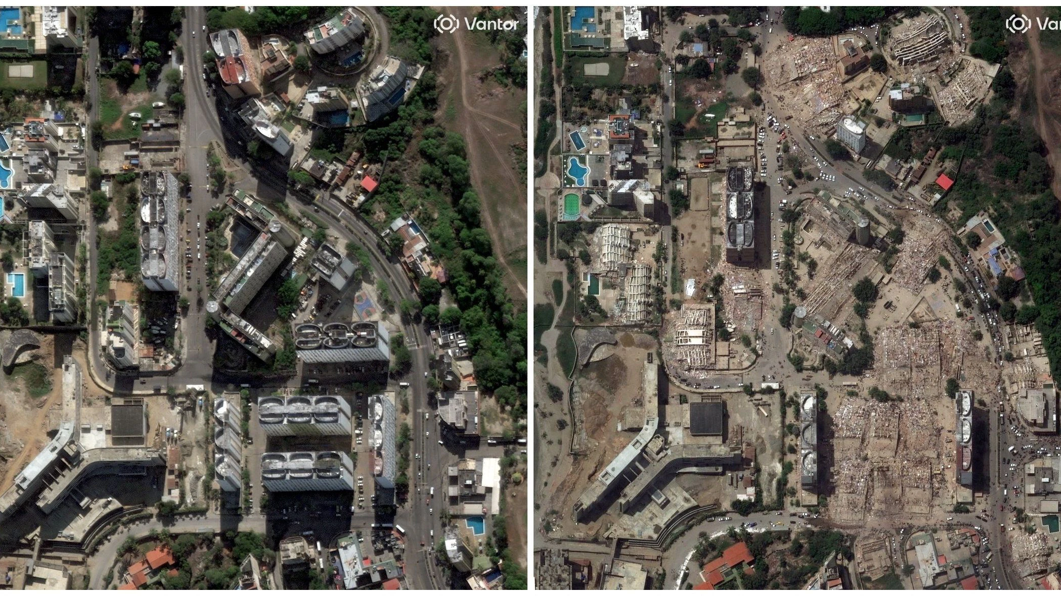 A combination of satellite images shows high-rises in Caraballeda, Venezuela, before (left) and after the earthquakes that hit the country, December 28, 2025, and June 26, 2026. Vantor/Handout via REUTERS. THIS IMAGE HAS BEEN SUPPLIED BY A THIRD PARTY. NO RESALES. NO ARCHIVES. MANDATORY CREDIT. DO NOT OBSCURE LOGO.