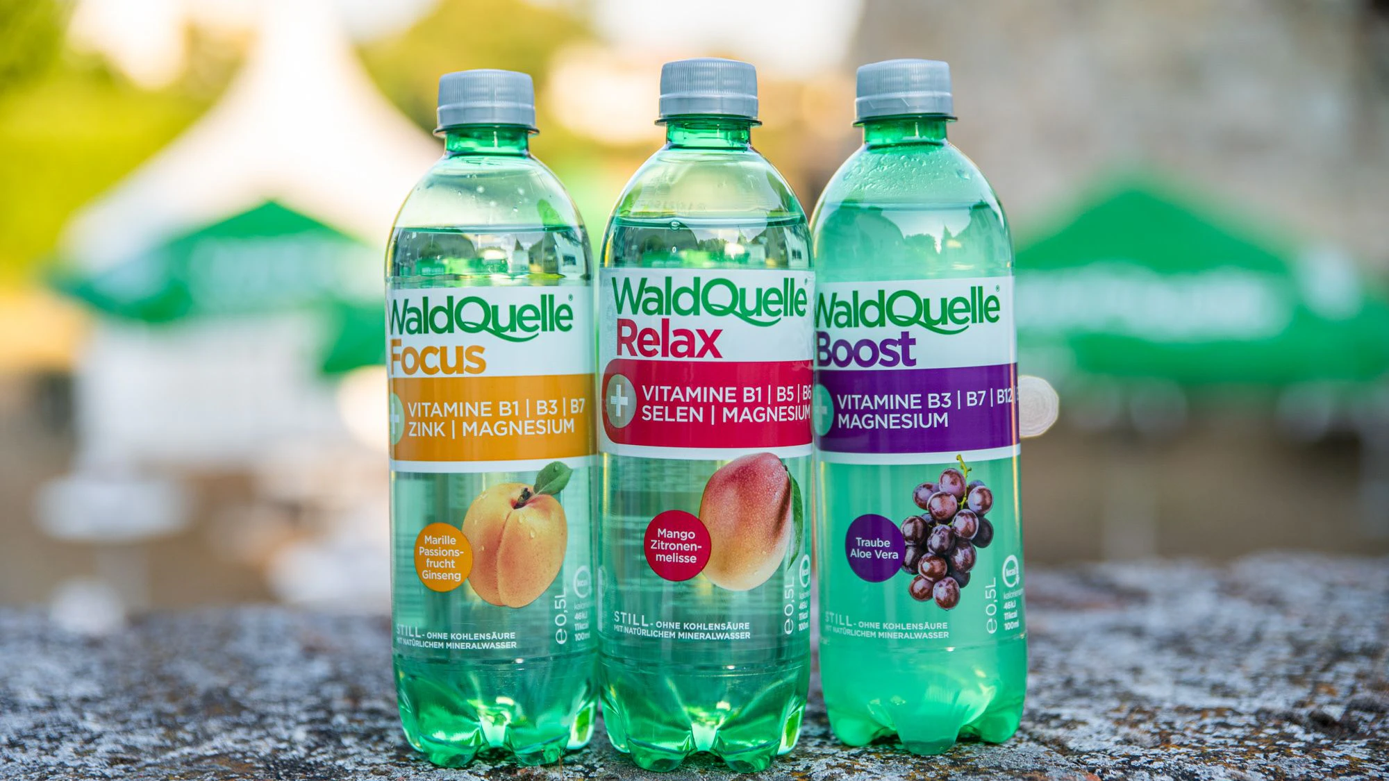 Neue Waldquelle+ Vitaminwassersorten Focus, Relax und Boost.