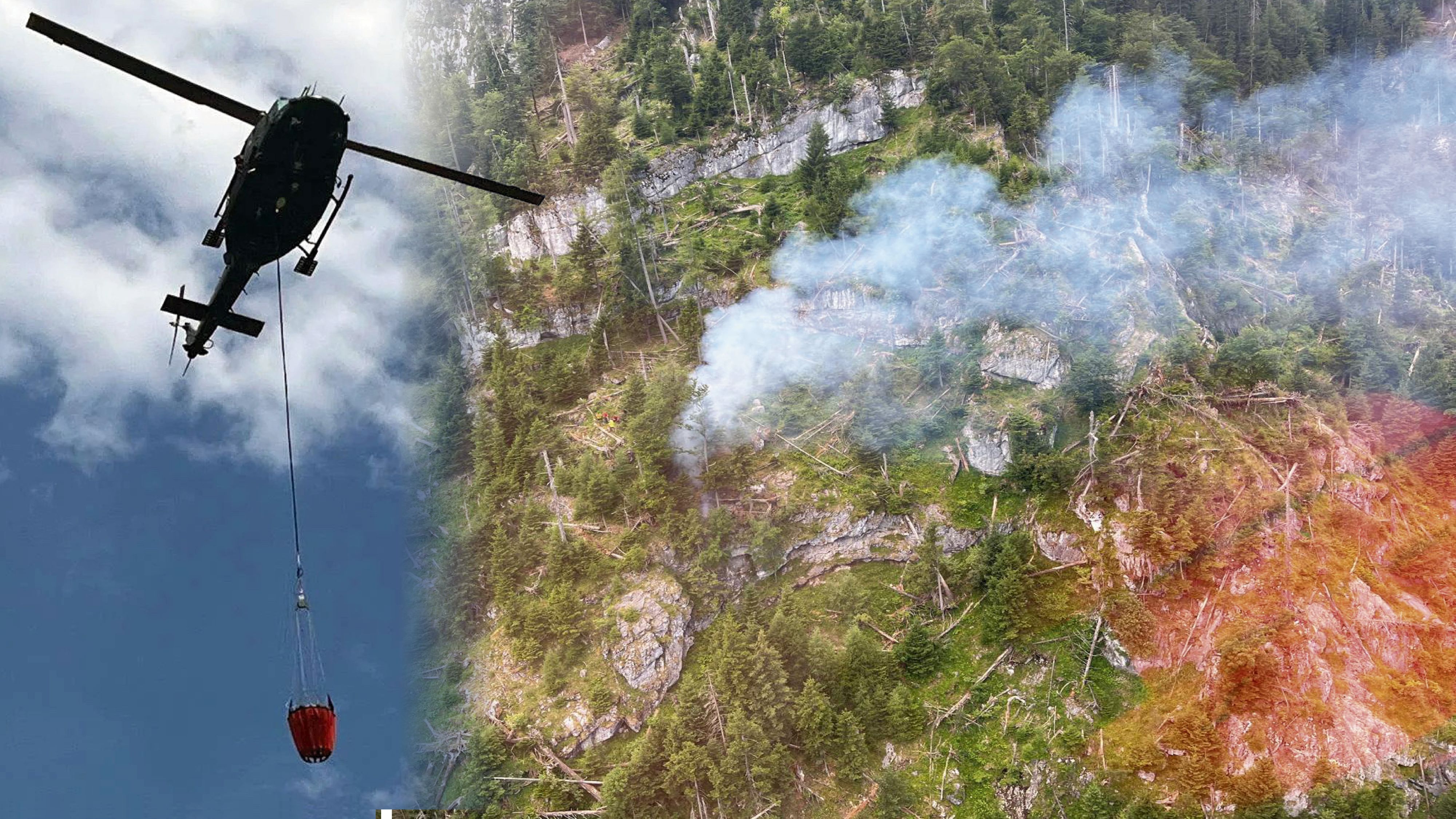 Die Helfer schwitzen: Der Brand am Arikogel ist sehr schwer zu löschen.