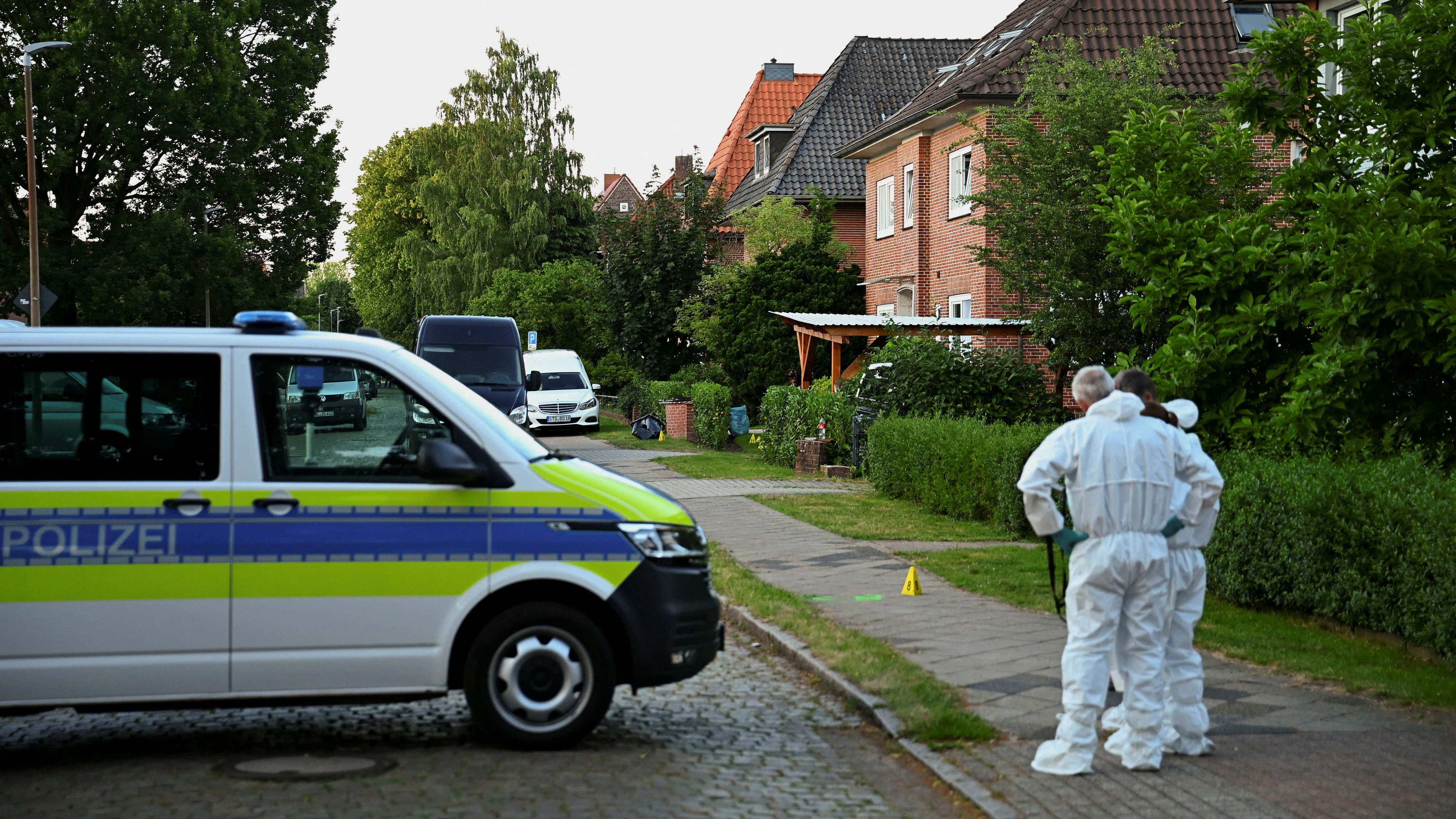 Forensic experts work at the scene after police said suspects have been detained following a deadly shooting at a youth welfare facility in the northern town of Stade, Germany, June 29, 2026. REUTERS/Jonas Walzberg