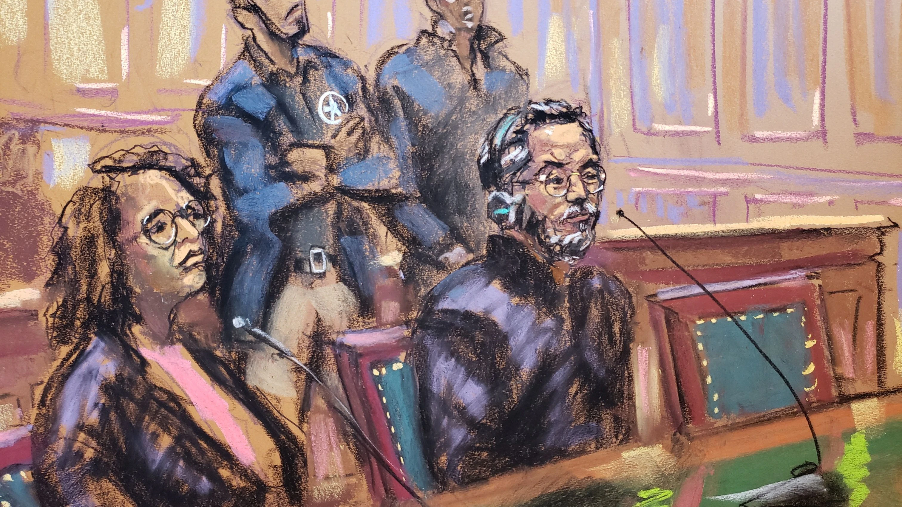 Guo Wengui, an exiled Chinese businessman with ties to former Donald Trump adviser Steve Bannon, sits beside his lawyer as he appears on charges of leading a complex conspiracy to defraud Guo's online followers out of more than $1 billion at a courthouse in New York, U.S., March 15, 2023 in this courtroom sketch.  REUTERS/Jane Rosenberg
