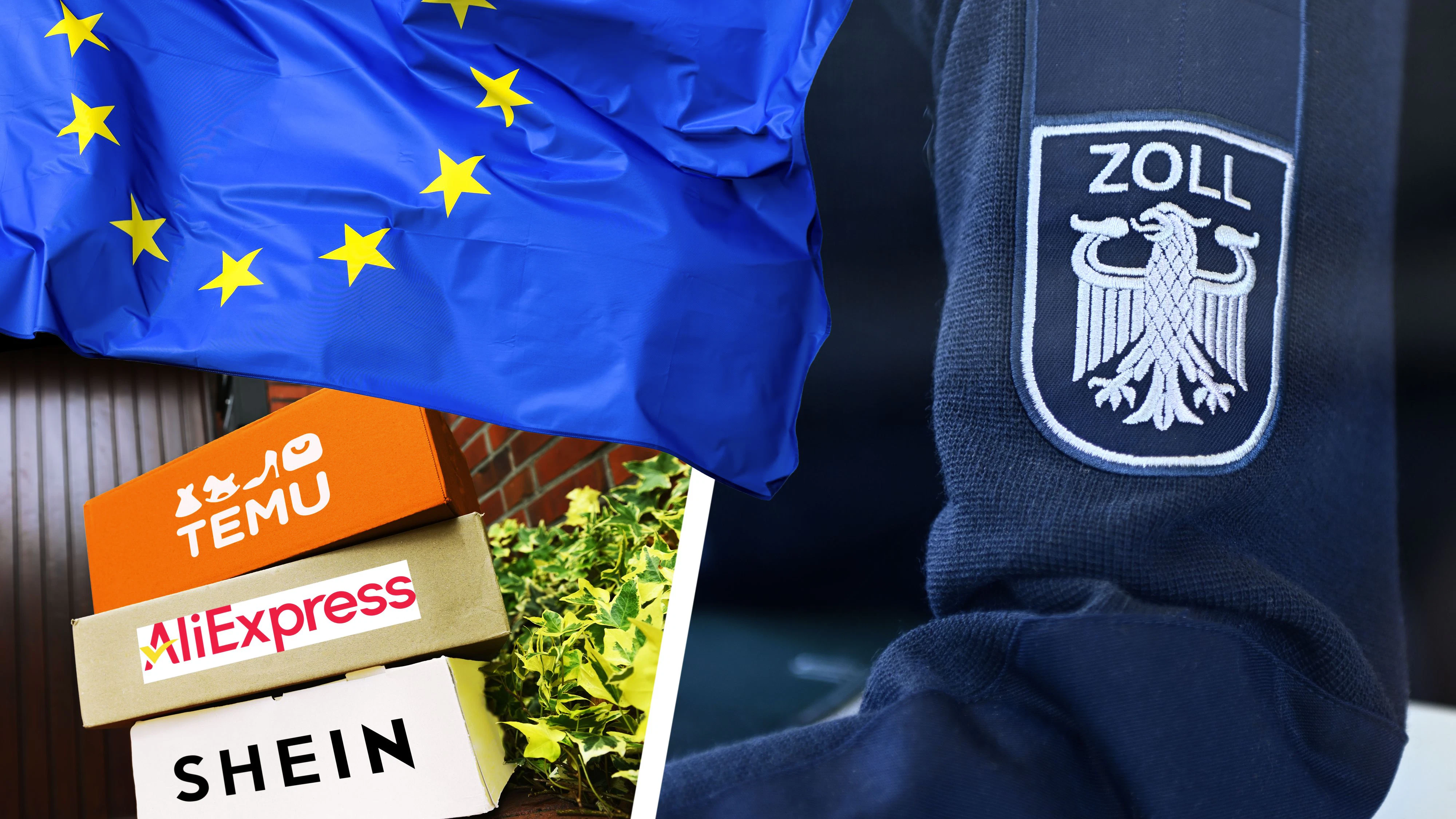 ACT  -- Pakete von chinesischen Onlinehändlern vor einer Haustür, Zollabfertigung und EU-Fahne, Zollgebühren für Kleinsendungen in die EU anhand von Artikelkategorien, Fotomontage +++ nur redaktionelle Nutzung