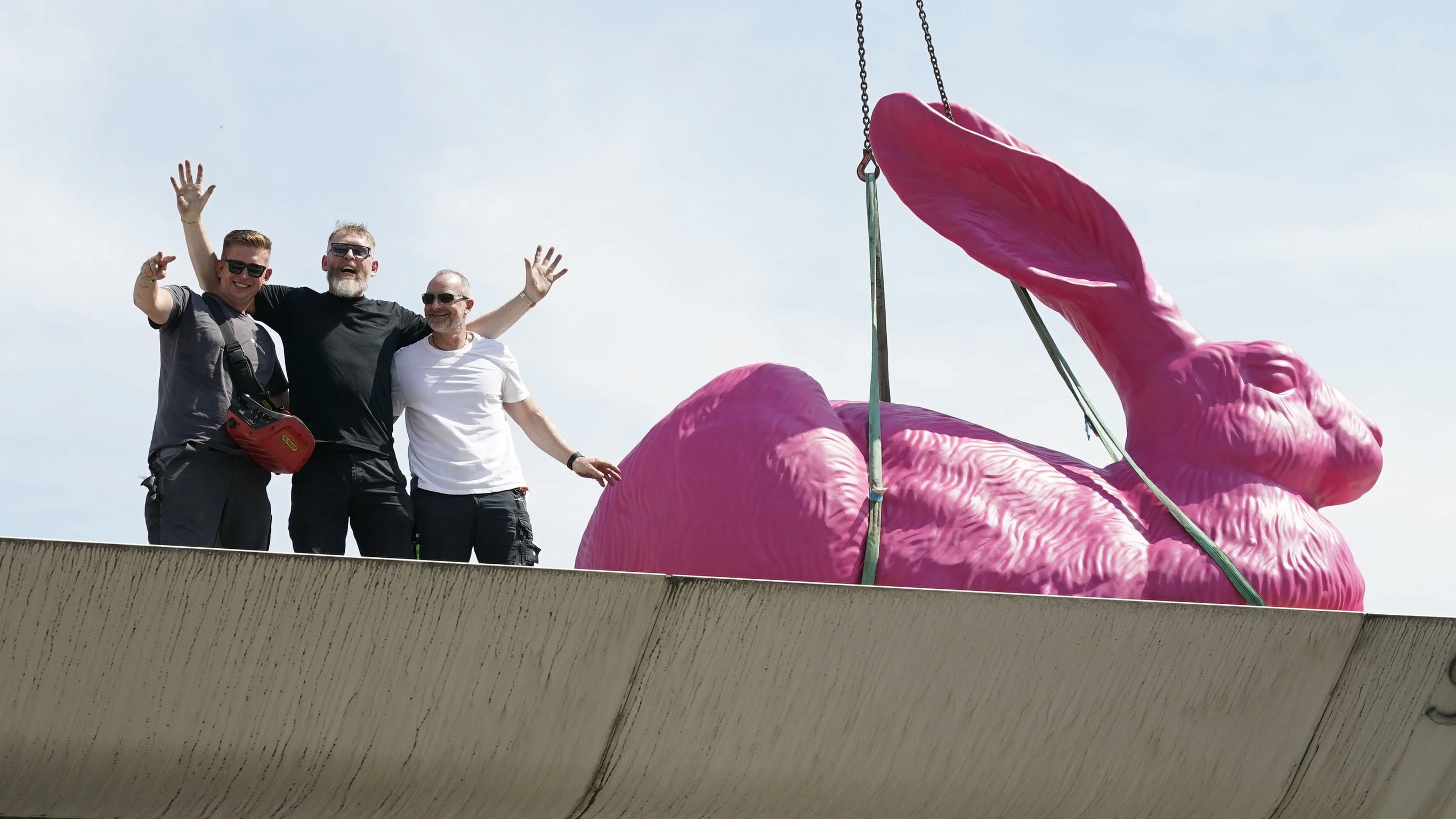 Der 120 Kilo schwere rosarote Dürer-Hase landete am Mittwoch auf dem Vordach der Albertina in der Wiener City.