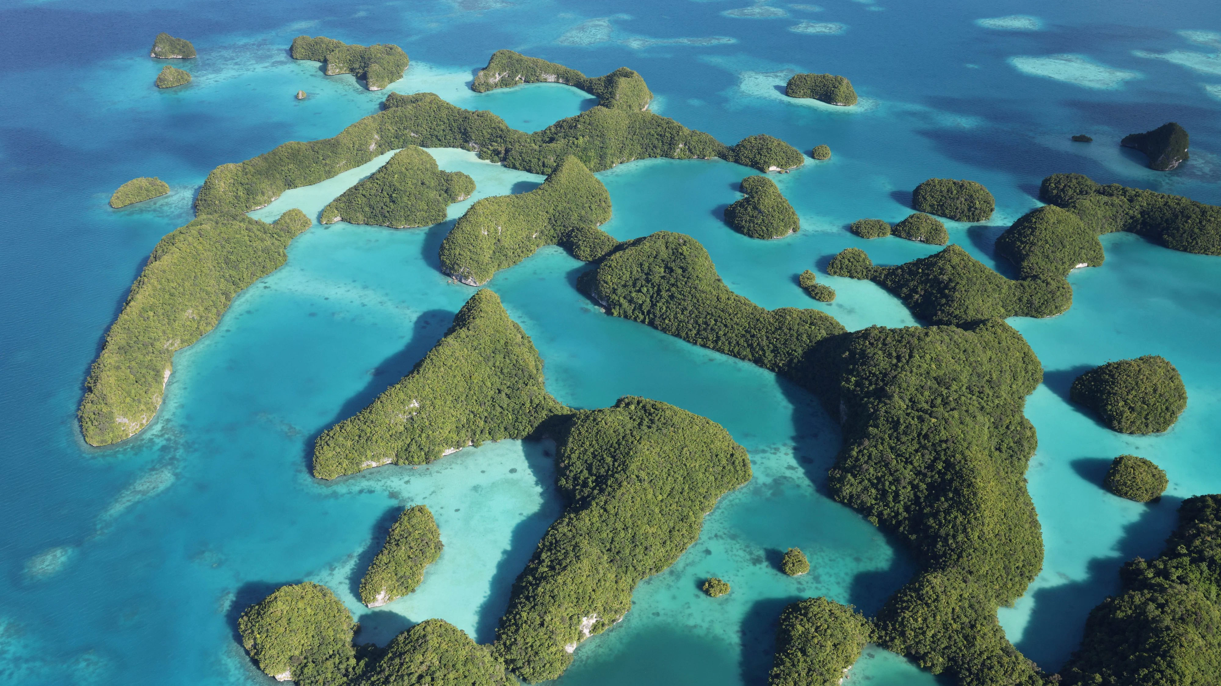 An aerial view of Ngerukewid, a set of islands also known as the Seventy Islands, which is a part of the Rock Islands Southern Lagoon UNESCO World Heritage Site, in Palau, April 10, 2025. REUTERS/Hollie Adams