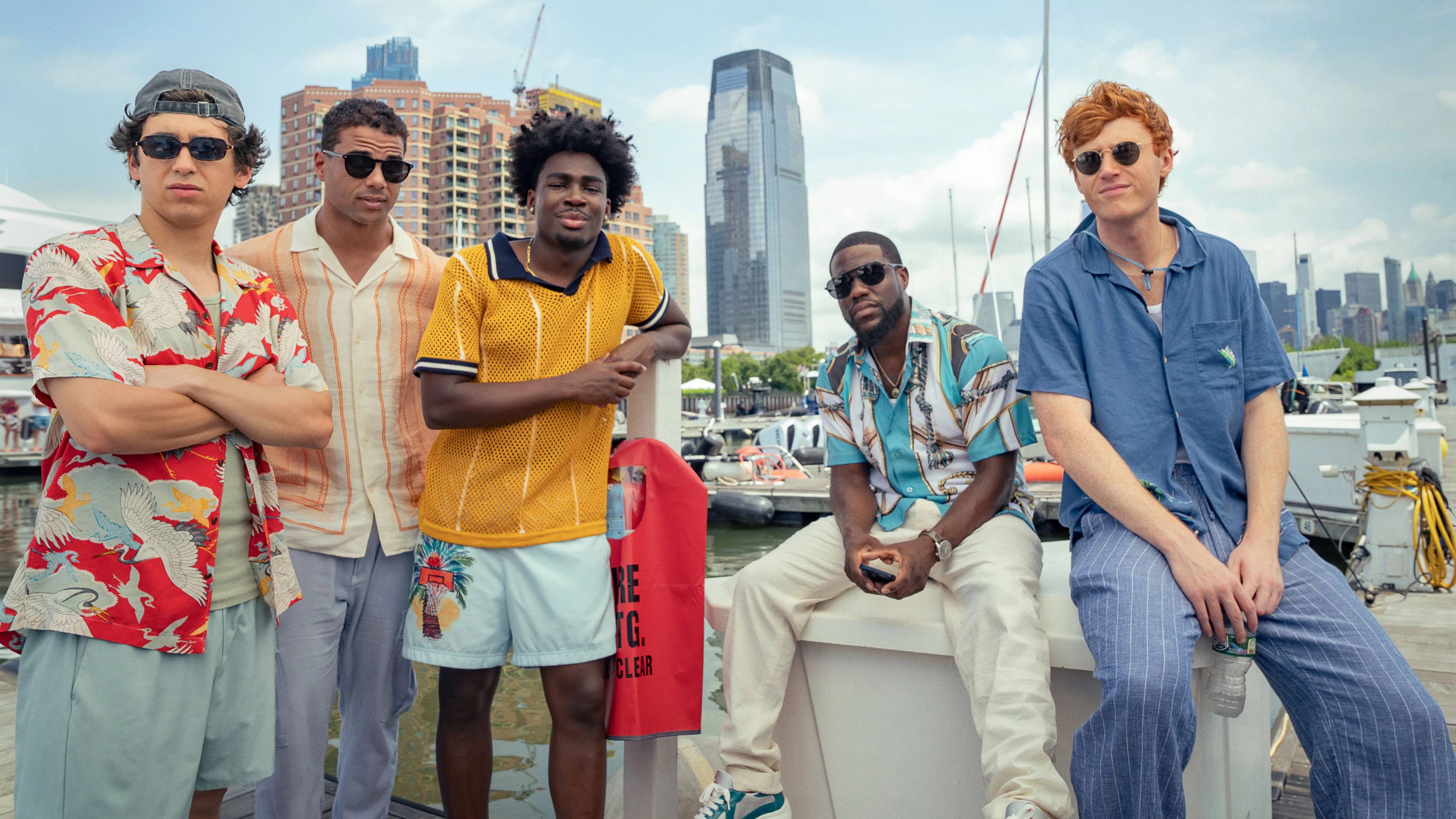 72 HOURS. (L to R) Marcello Hernandez as Nick, Mason Gooding as Mason, Kam Patterson as Freshman, Kevin Hart as Joe and Ben Marshall as Hunter in 72 Hours. Cr. Alan Markfield/Netflix © 2026.