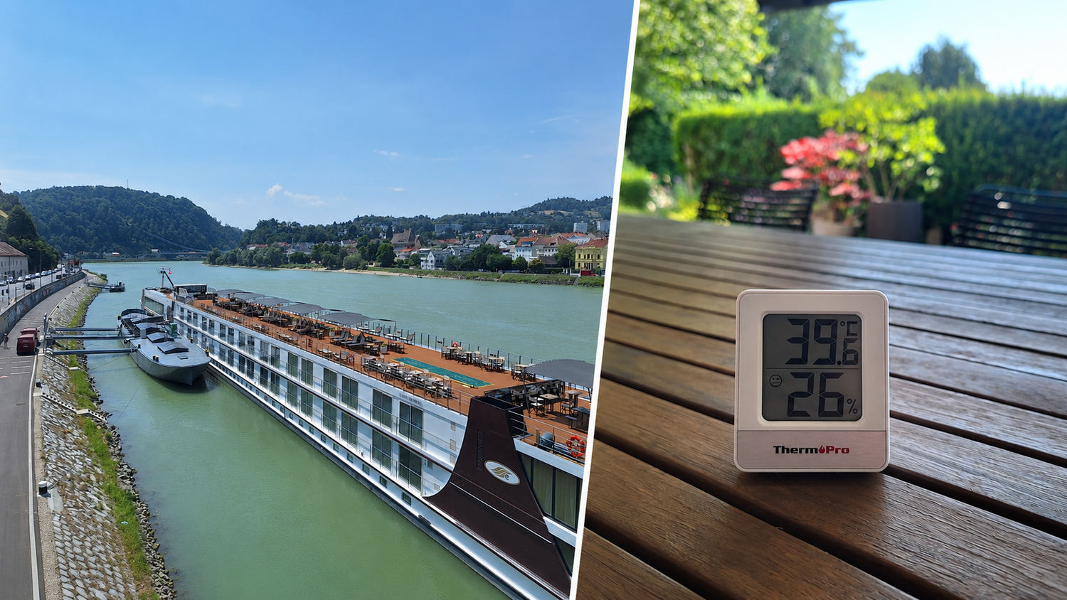 In Linz kletterten die Temperaturen vergangenes Wochenende offiziell im Schatten auf 39,3 Grad. Auf dieser Terrasse hatte es sogar 39,6 Grad, wie das Bild zeigt.