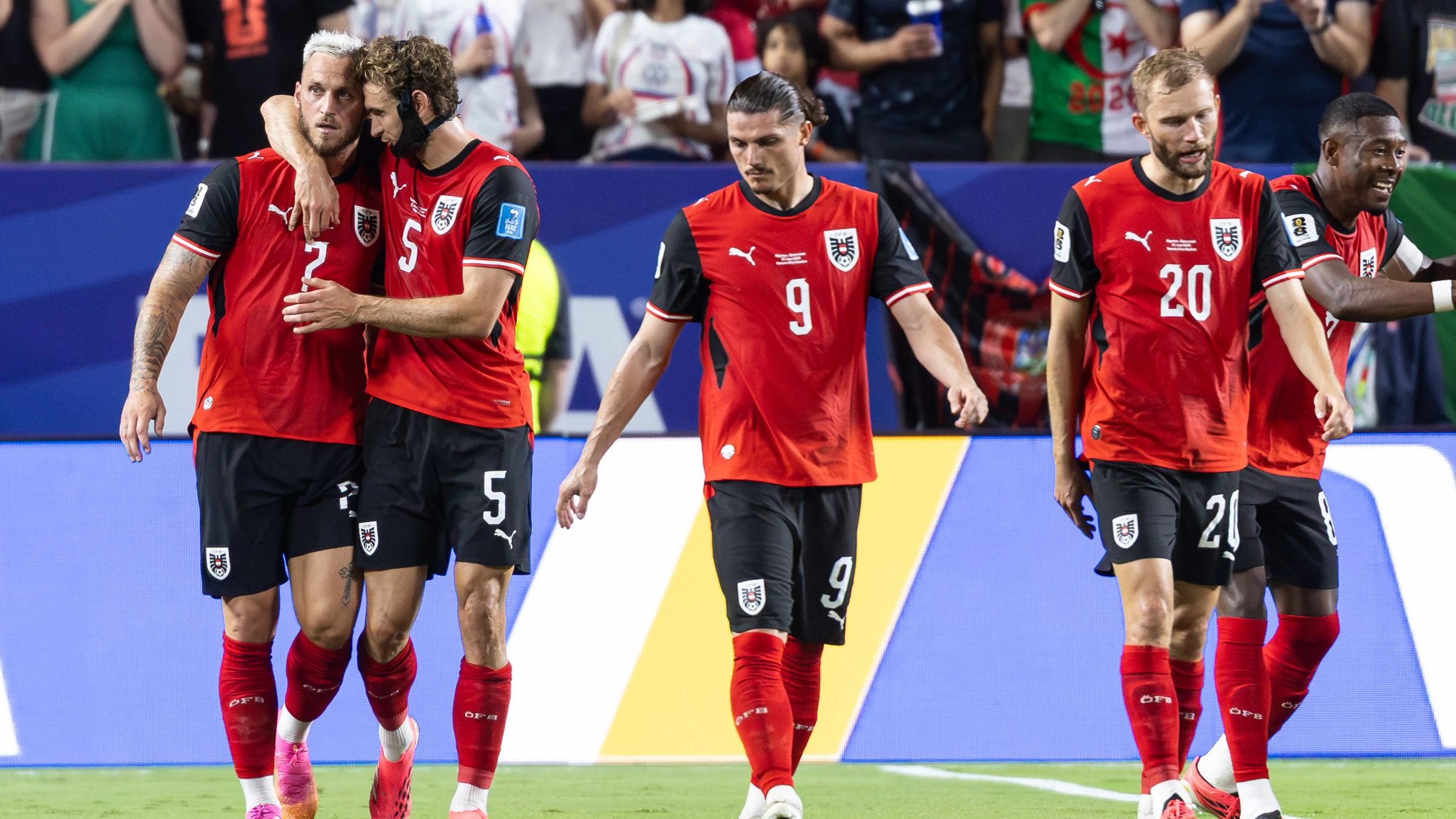KANSAS CITY,MISSOURI,USA,28.JUN.26 - SOCCER - FIFA World Cup 2026, group stage, Algeria vs Austria. Image shows the rejoicing of Marko Arnautovic, Stefan Posch and Marcel Sabitzer, Konrad Laimer and David Alaba (AUT). Photo: GEPA pictures/ Armin Rauthner