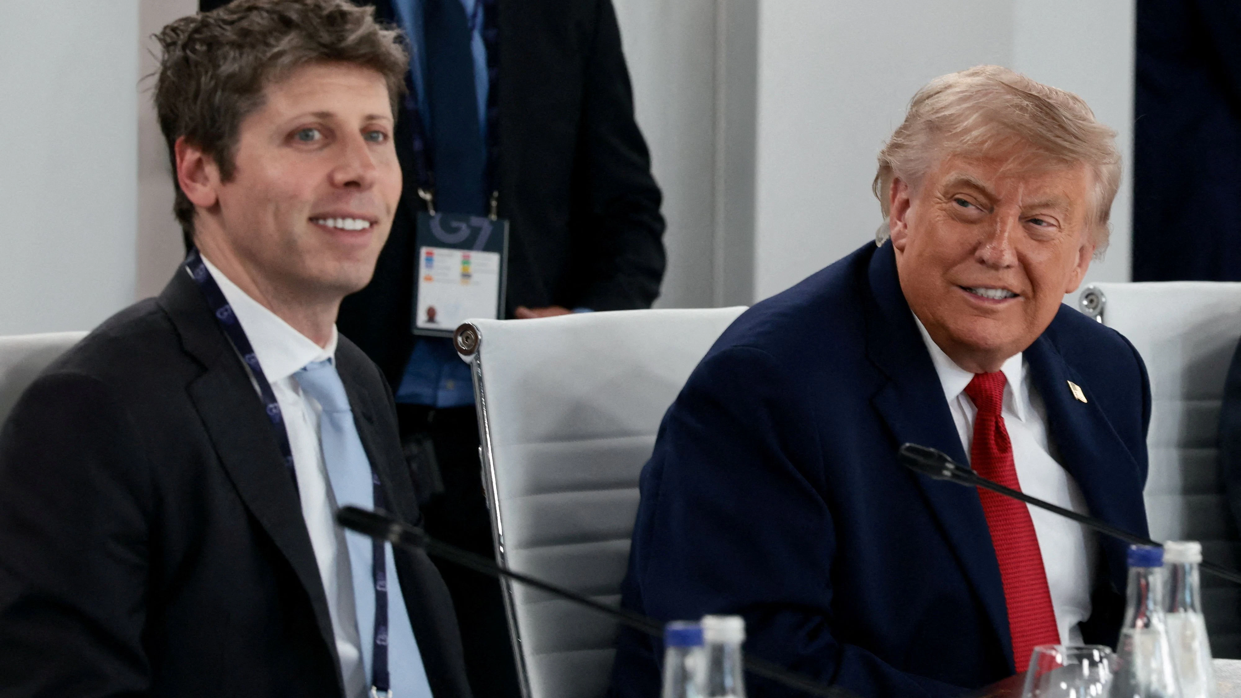 U.S. President Donald Trump and OpenAI CEO Sam Altman attend a working lunch with G7 leaders, G7 outreach partners and global tech CEOs on innovation and AI during the G7 Summit in Evian-les-Bains, France, June 17, 2026.REUTERS/Evelyn Hockstein REFILE - ADDING INFORMATION 