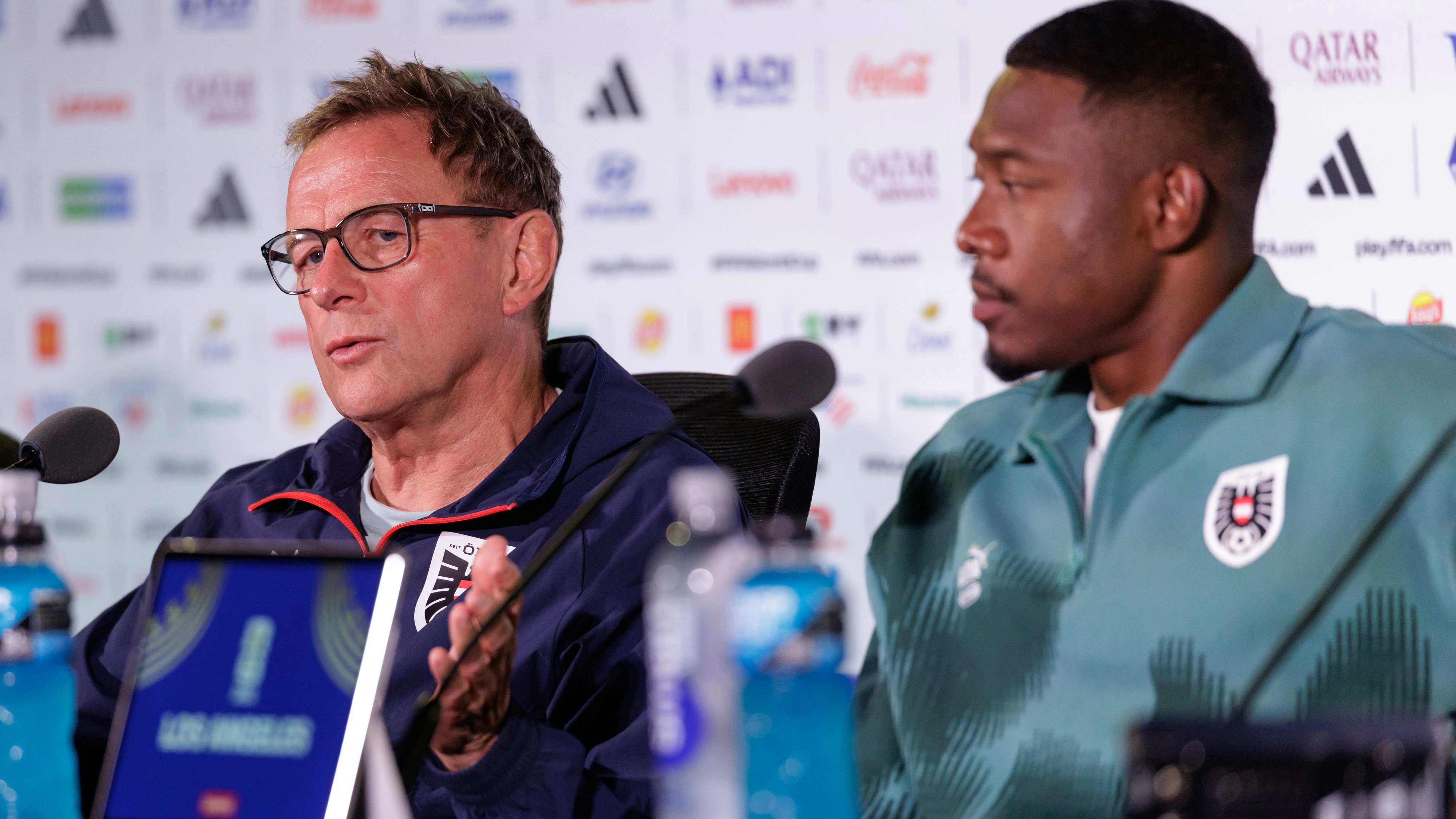 INGLEWOOD,CALIFORNIA,USA,01.JUL.26 - FOOTBALL - FIFA World Cup 2026, round of 32, Spain vs Austria, preview, press conference team AUT. Image shows head coach Ralf Rangnick and David Alaba (AUT). Photo: GEPA pictures/ Armin Rauthner
