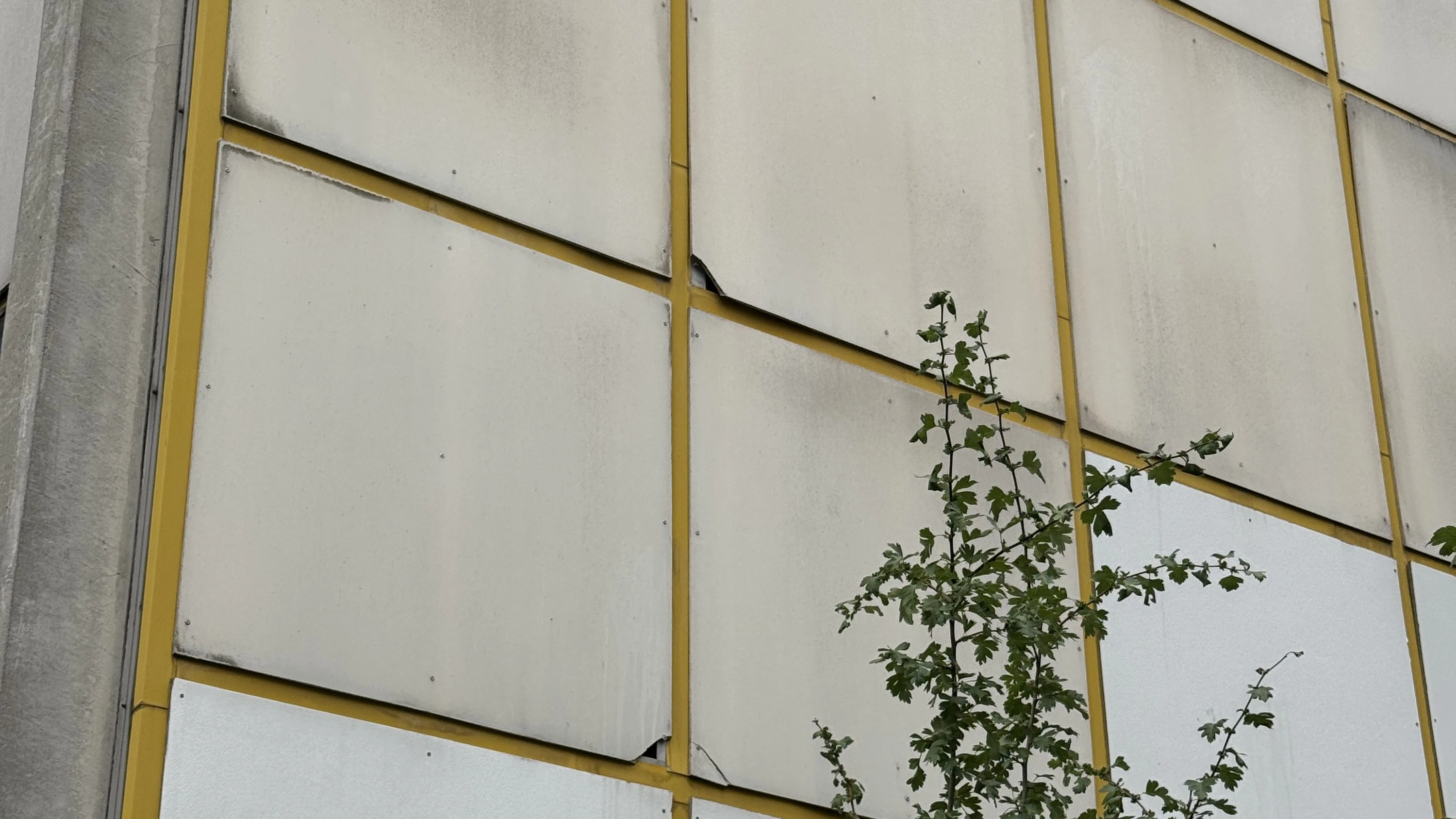 Gebrochene Eternitplatten an der Fassade von Stiege 13 im Karlheinz-Hora-Hof.