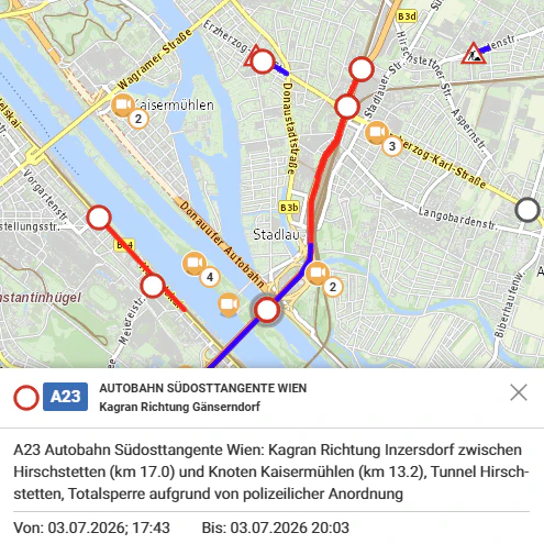 Die A23 wurde ab dem Knoten Kaisermühlen auf polizeiliche Anordnung für den Verkehr komplett gesperrt.
