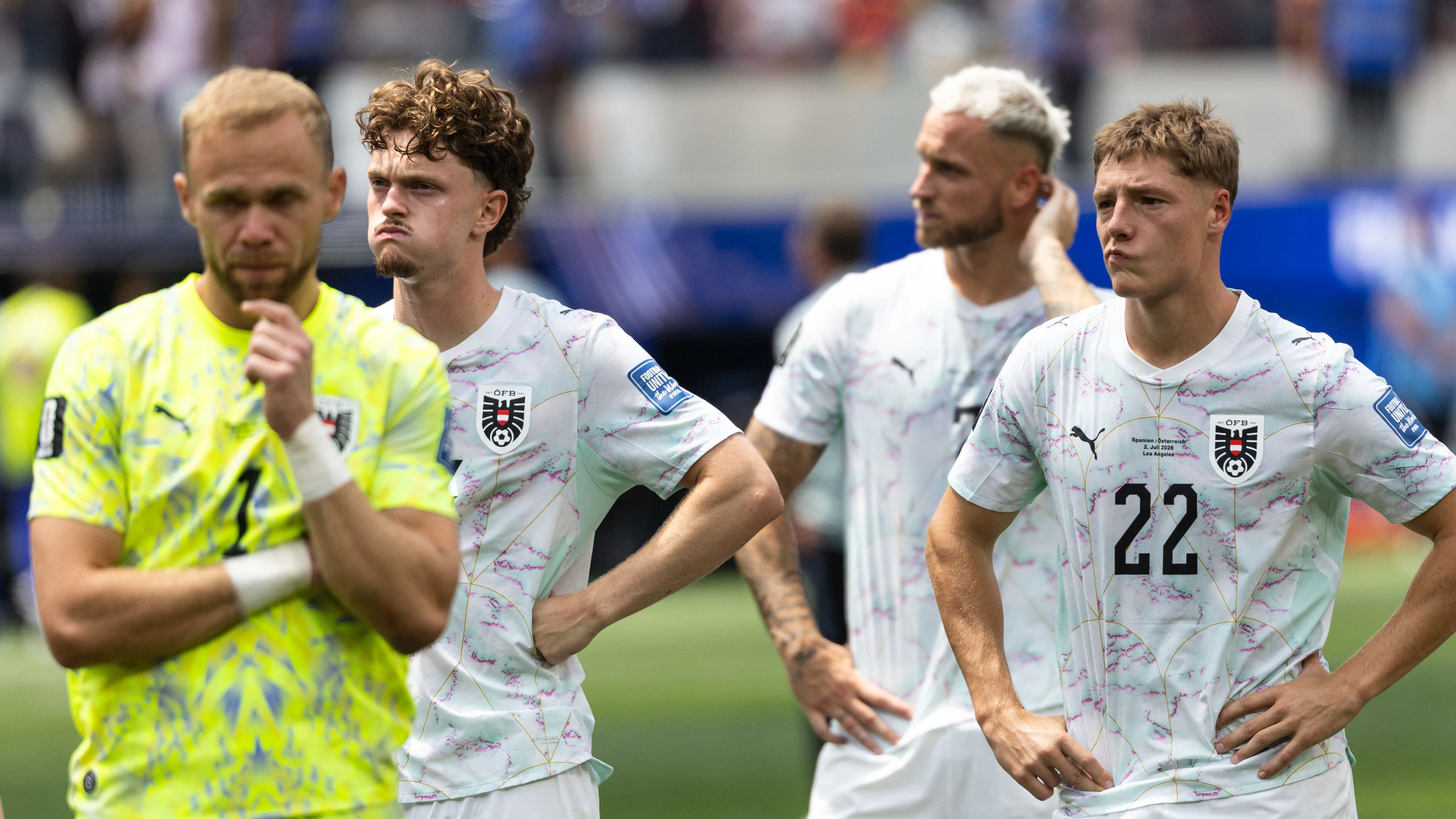 INGLEWOOD,CALIFORNIA,USA,02.JUL.26 - SOCCER - FIFA World Cup, round of 32, Spain vs Austria. Image shows the disappointment of Alexander Schlager, Paul Wanner, Marko Arnautovic and Alexander Prass (AUT). Photo: GEPA pictures/ Armin Rauthner