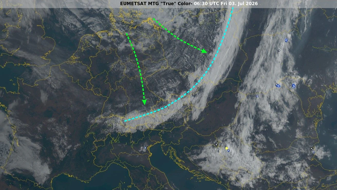 Eine schwache Kaltfront überquert aktuell Österreich und sorgt für einzelne Regenschauer ohne Unwettergefahr