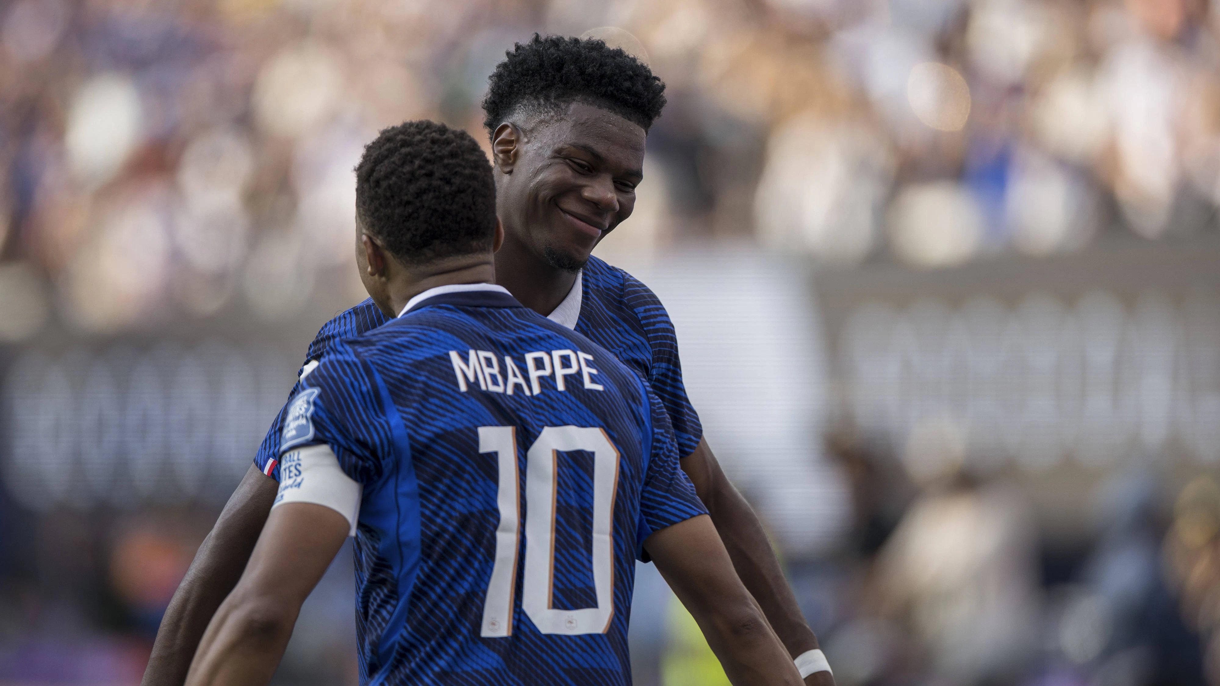 MBAPPE Kylian and TCHOUAMENI Aurelien Goal celebration during FIFA World Cup, WM, Weltmeisterschaft, Fussball 2026 : Round of 32 France vs Sweden 30 June 2026 NEW YORK / NEW JERSEY / New Jersey Stadium / USA By IMAGO / Didier Lefa Studio / Desire Ameka New York New Jersey Stadium United State of America