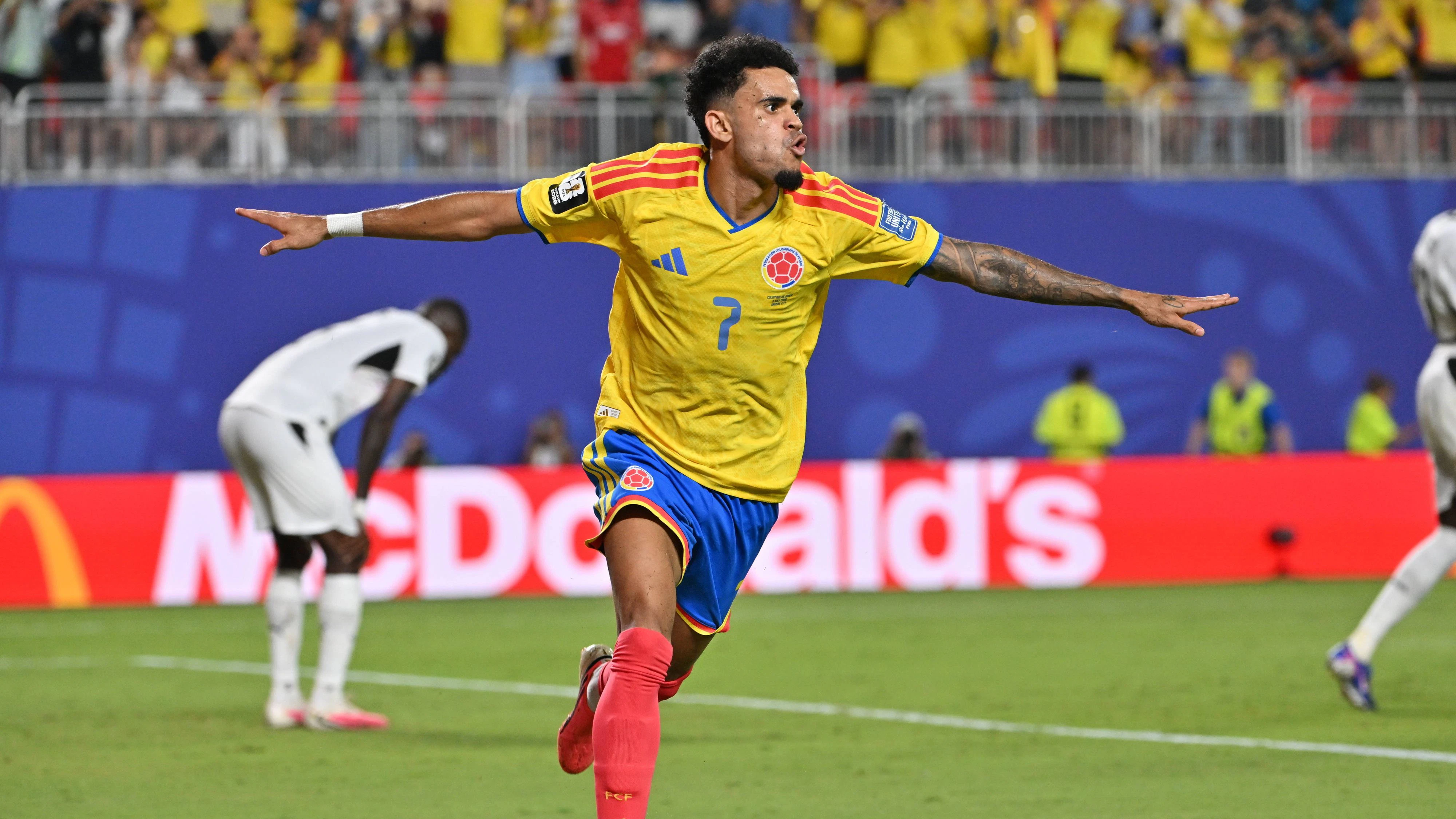 FIFA World Cup, WM, Weltmeisterschaft, Fussball 2026 - Round of 32 - Colombia vs Ghana Luis Diaz of Colombia celebrates a goal that was later disallowed due to the offside rule during the FIFA World Cup 2026 Round of 32 match Colombia against Ghana, in Kansas City, Missouri, USA, 03 July 2026. KANSAS CITY United States PUBLICATIONxINxGERxAUTxINDxONLY Copyright: xAMYxKONTRASx