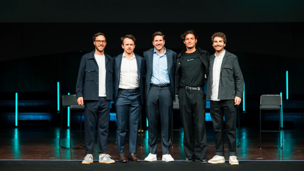 Dr. Fabian Lenz (Co-Founder ClimateGrid), Patrick Lanz (Co-Founder, osapiens Terra), Matthias Jungblut (Co-CEO osapiens), Frieder Schütz (Decarbonization Lead osapiens), Philipp Lenz (Co-Founder, ClimateGrid) (vlnr). 