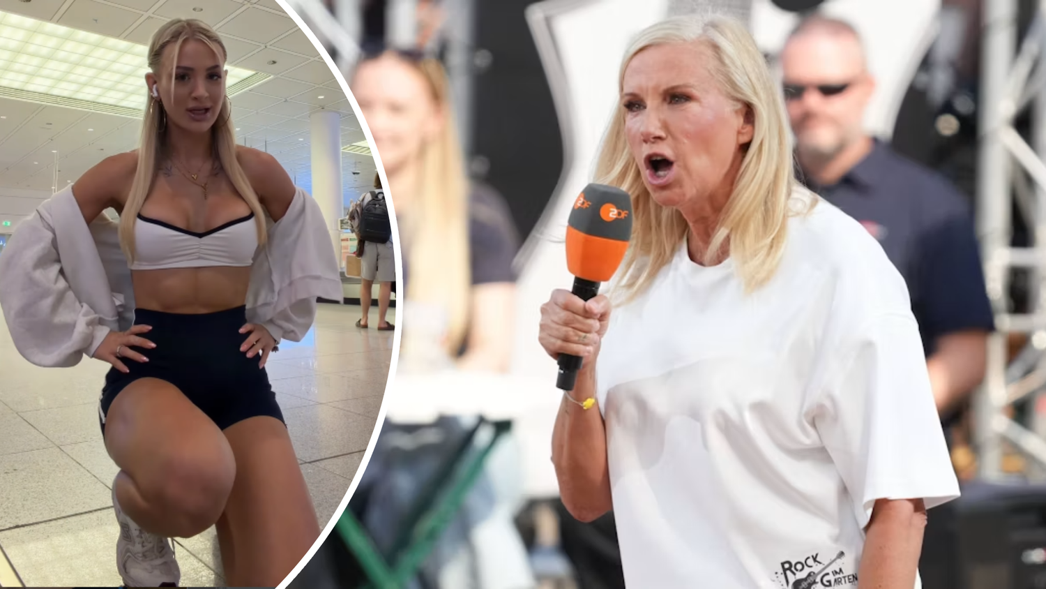 Mit dem Outfit links (ohne Jacke) wurde Influencerin Edda nicht an Bord des Flugzeugs gelassen, für Moderatorin Andrea Kiewel verständlich.