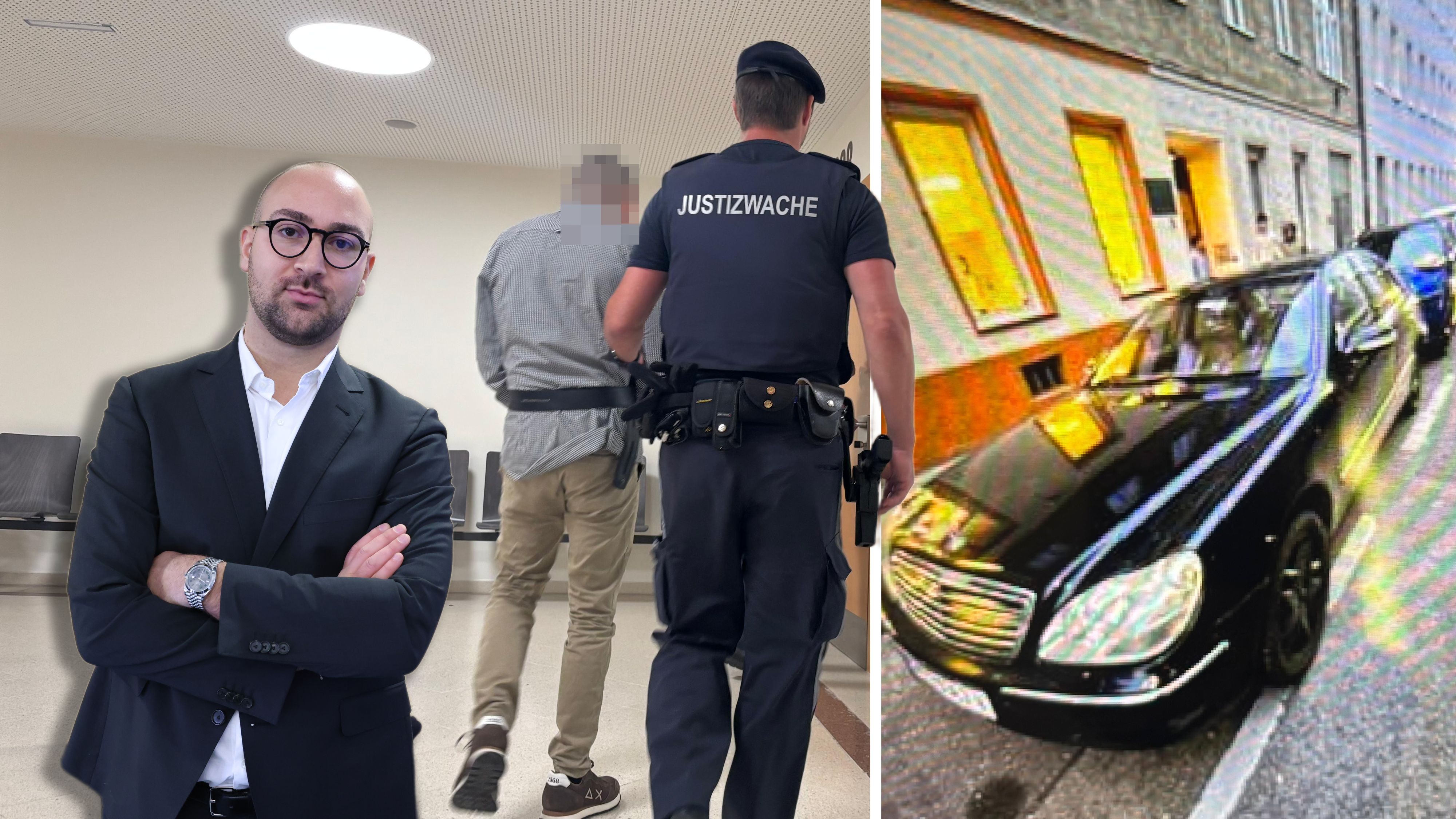 Der Mann ohne Führerschein mit seinem geliebten Mercedes ohne Zulassung; Verteidiger Babic (l.)