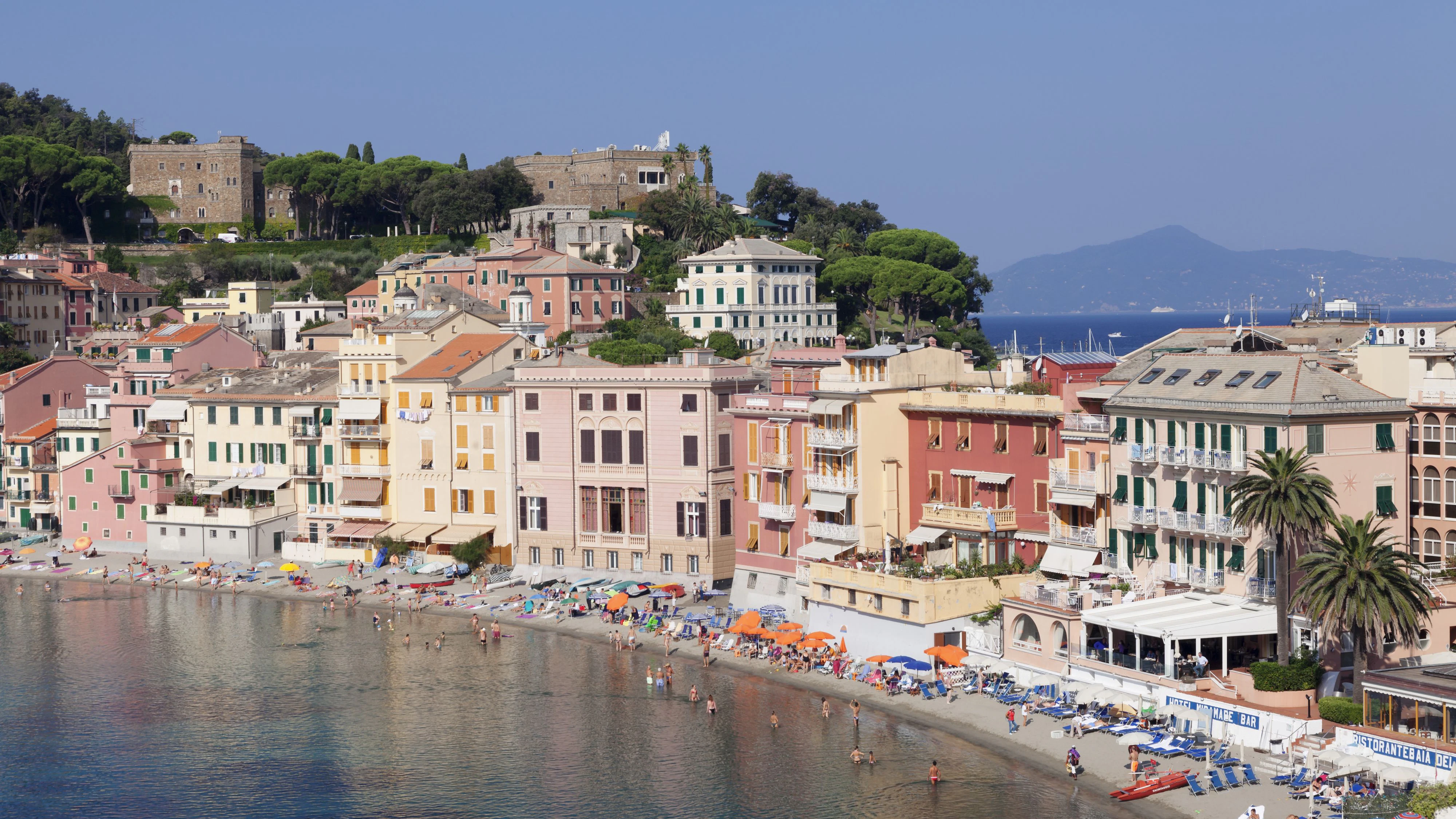 Baia del Silenzio Bay, beach, Grand Hotel dei Castelli, Sestri Levante, Province of Genoa, Riviera di Levante, Liguria, Italy, Europe