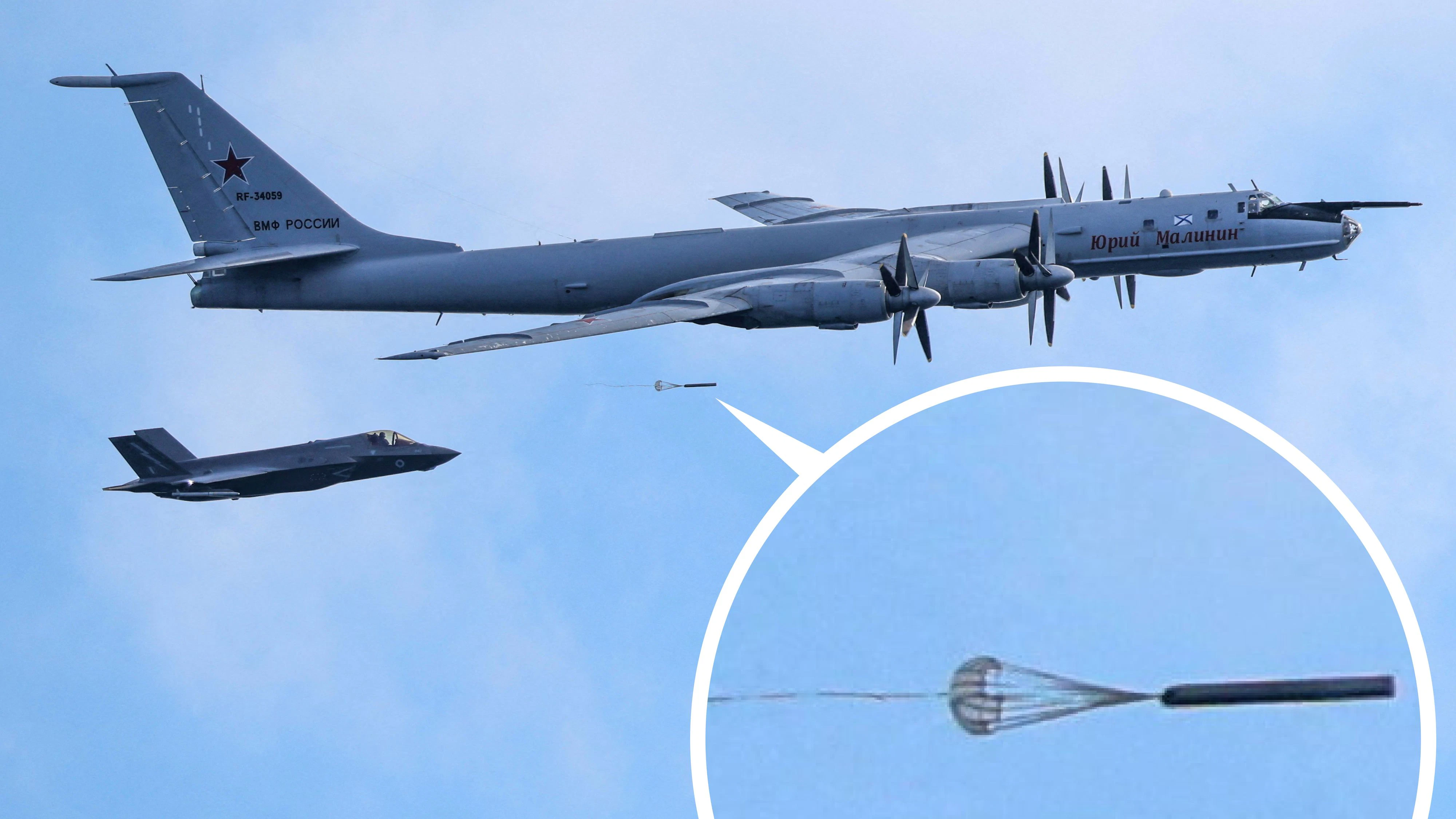 Eine britische F-35 fängt am 2. Juli 2026 eine russische Tu-142 über dem Nordatlantik ab, nachdem diese zehn Sonarbojen in der Nähe des britischen Flugzeugträgers "Prince of Wales" abgeworfen hatte