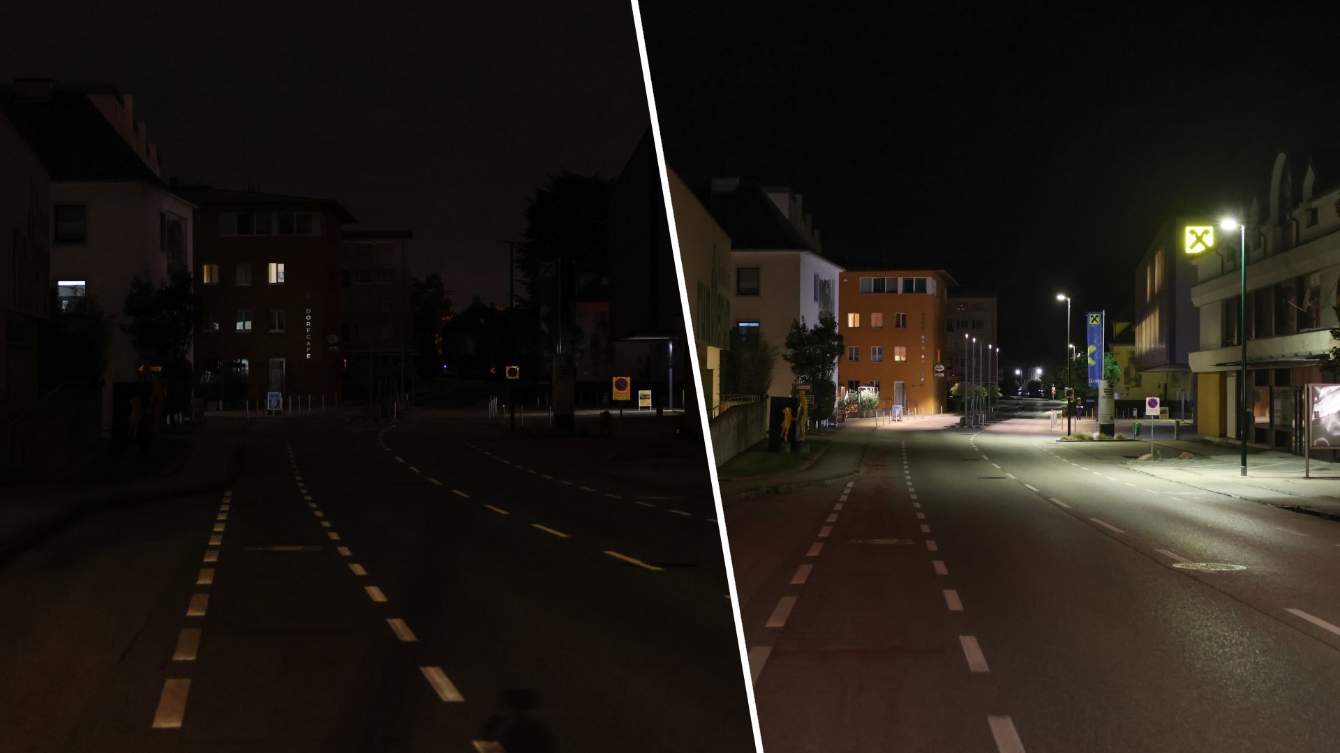 Vorher und nachher: In dem 5.500-Einwohner-Ort war es vorübergehend stockdunkel.