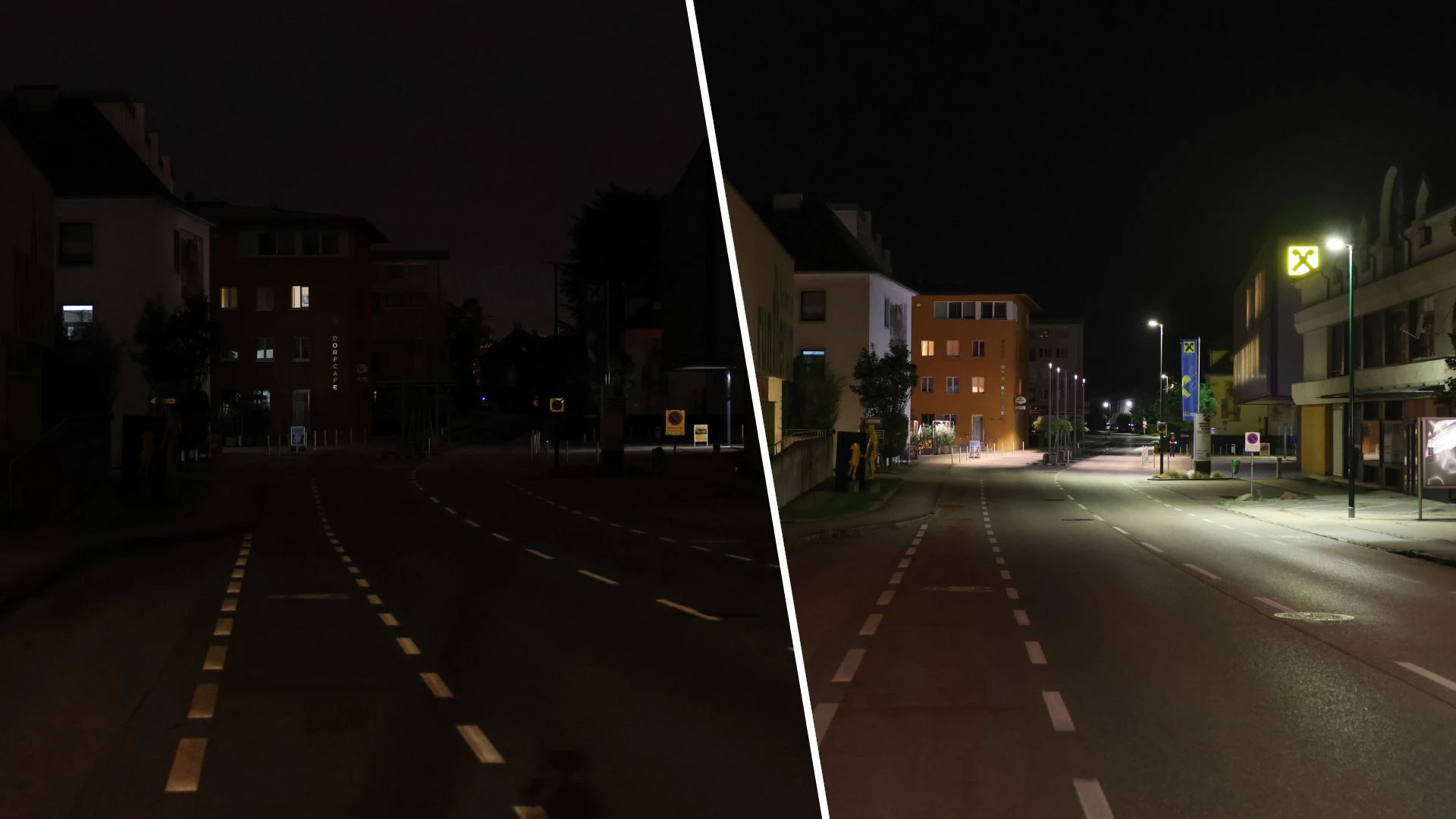 Vorher und nachher: In dem 5.500-Einwohner-Ort war es vorübergehend stockdunkel.