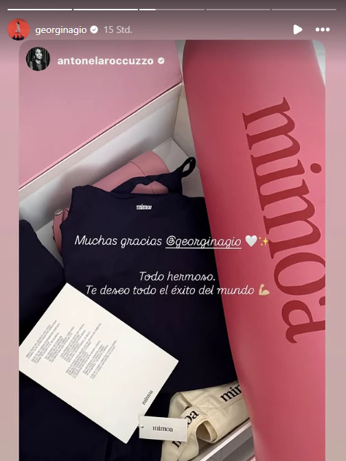 Antonela Roccuzzo hat ein Foto eines Geschenkkorbs voller Yoga-Ausrüstung gepostet, den sie von Georgina Rodríguez geschenkt bekommen hat.