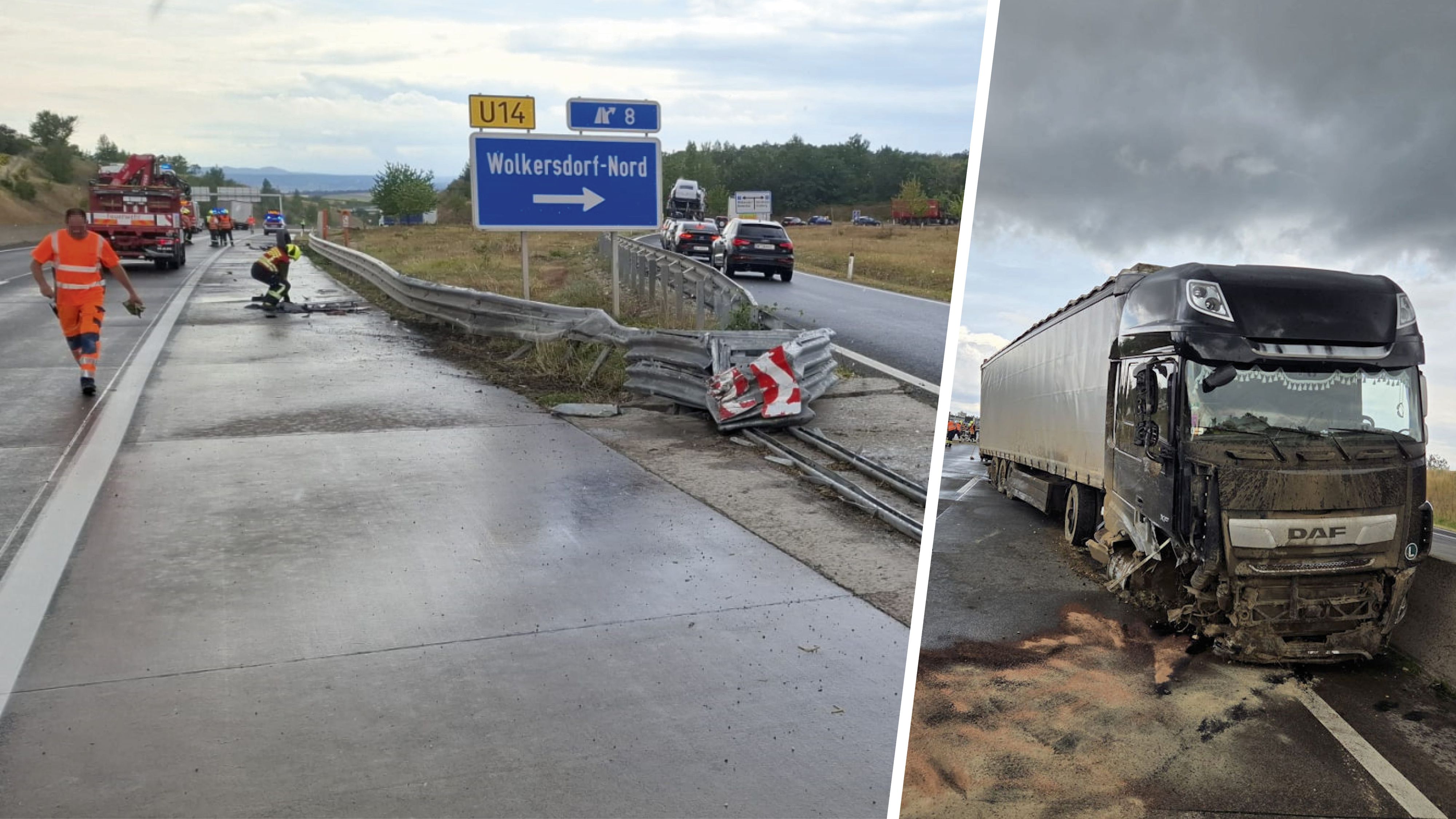 Unfall mit Lkw auf der A5; Einsatzkräfte vor Ort