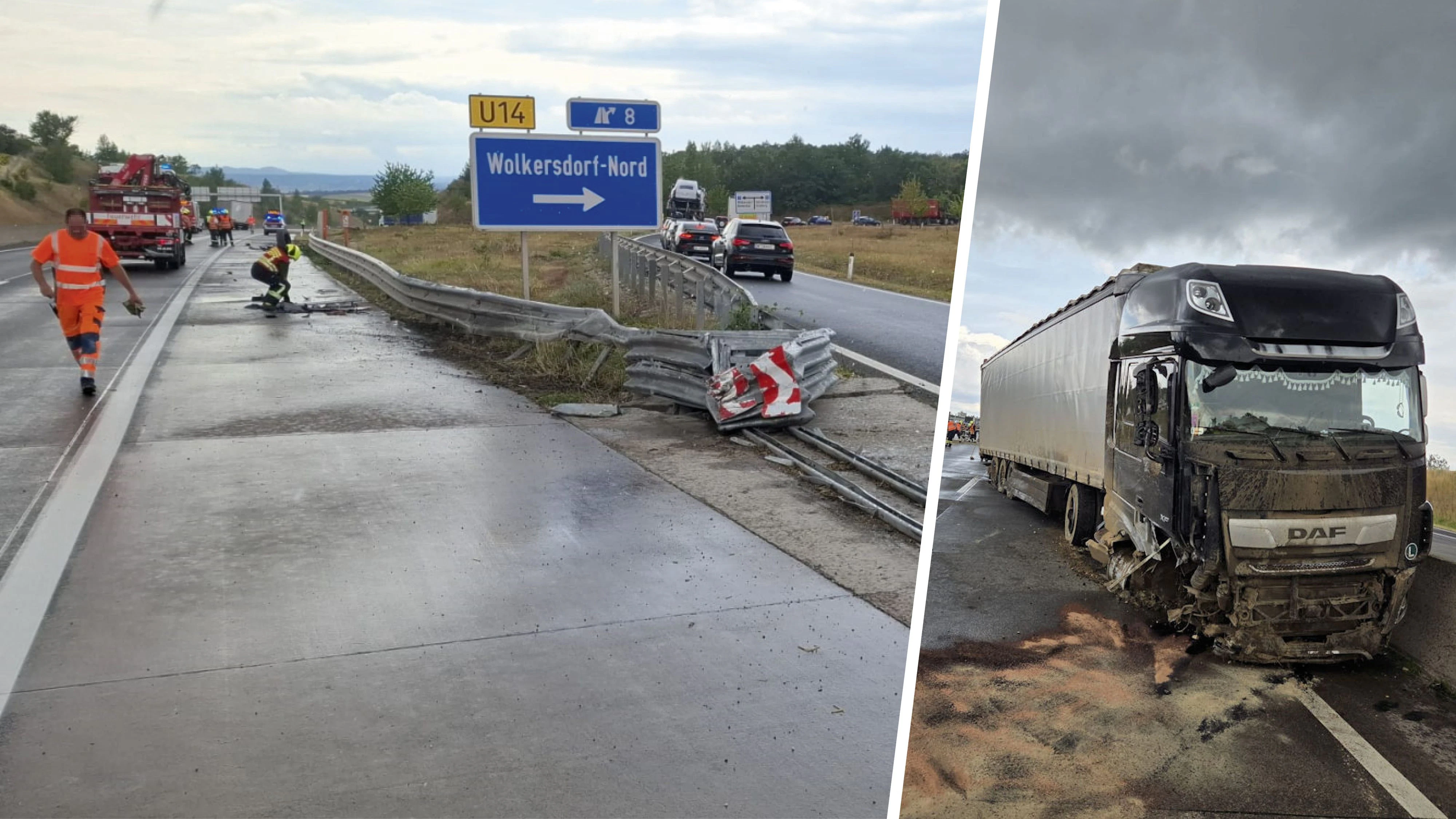 Unfall mit Lkw auf der A5; Einsatzkräfte vor Ort